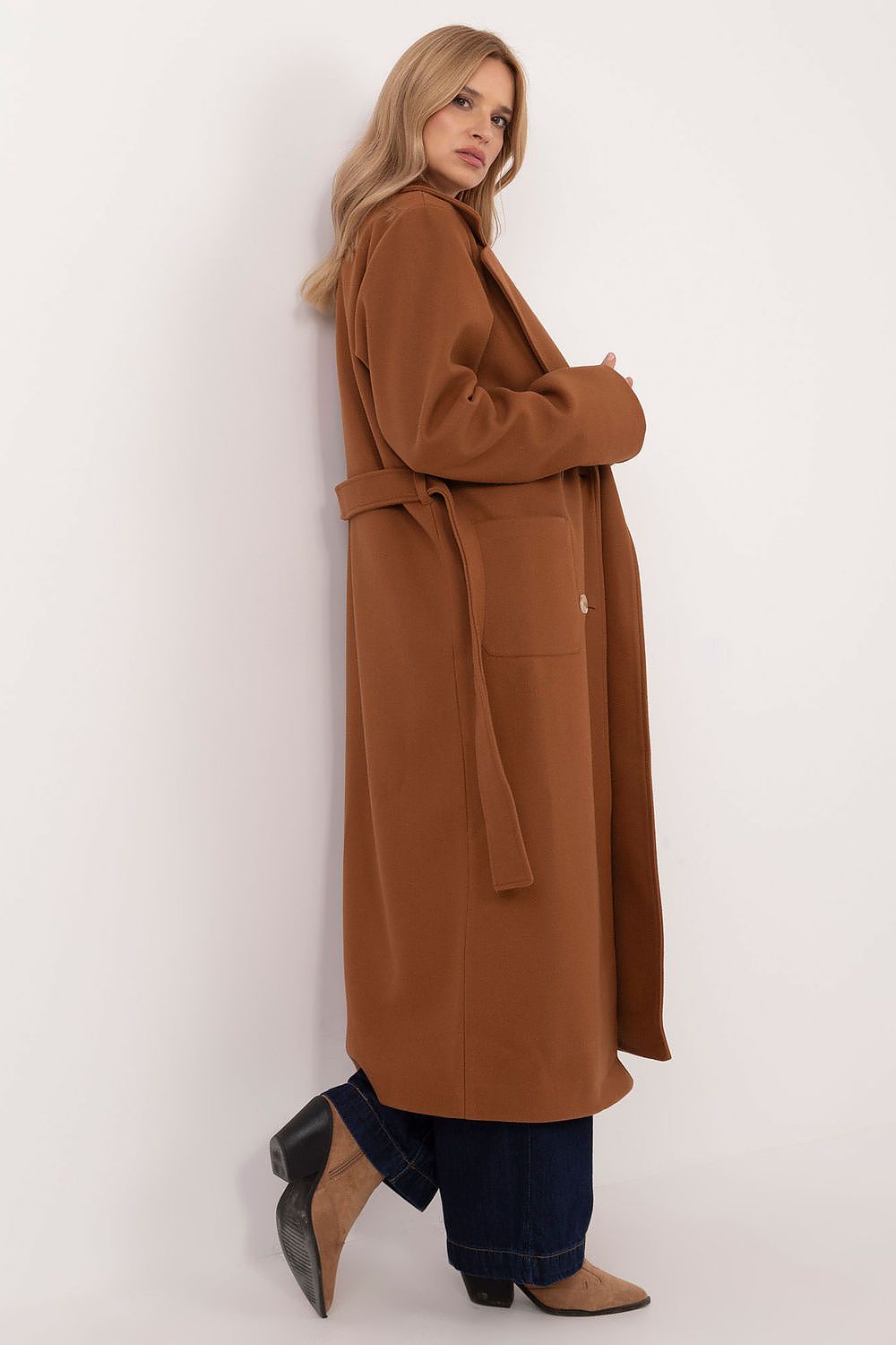 Lakerta ullblandingskåpe med belte til dame til dame fra MS StyleHaven, laget av Ull; polyester, farge Brun, størrelse L/XL, med long ermer, perfekt til casual; dress