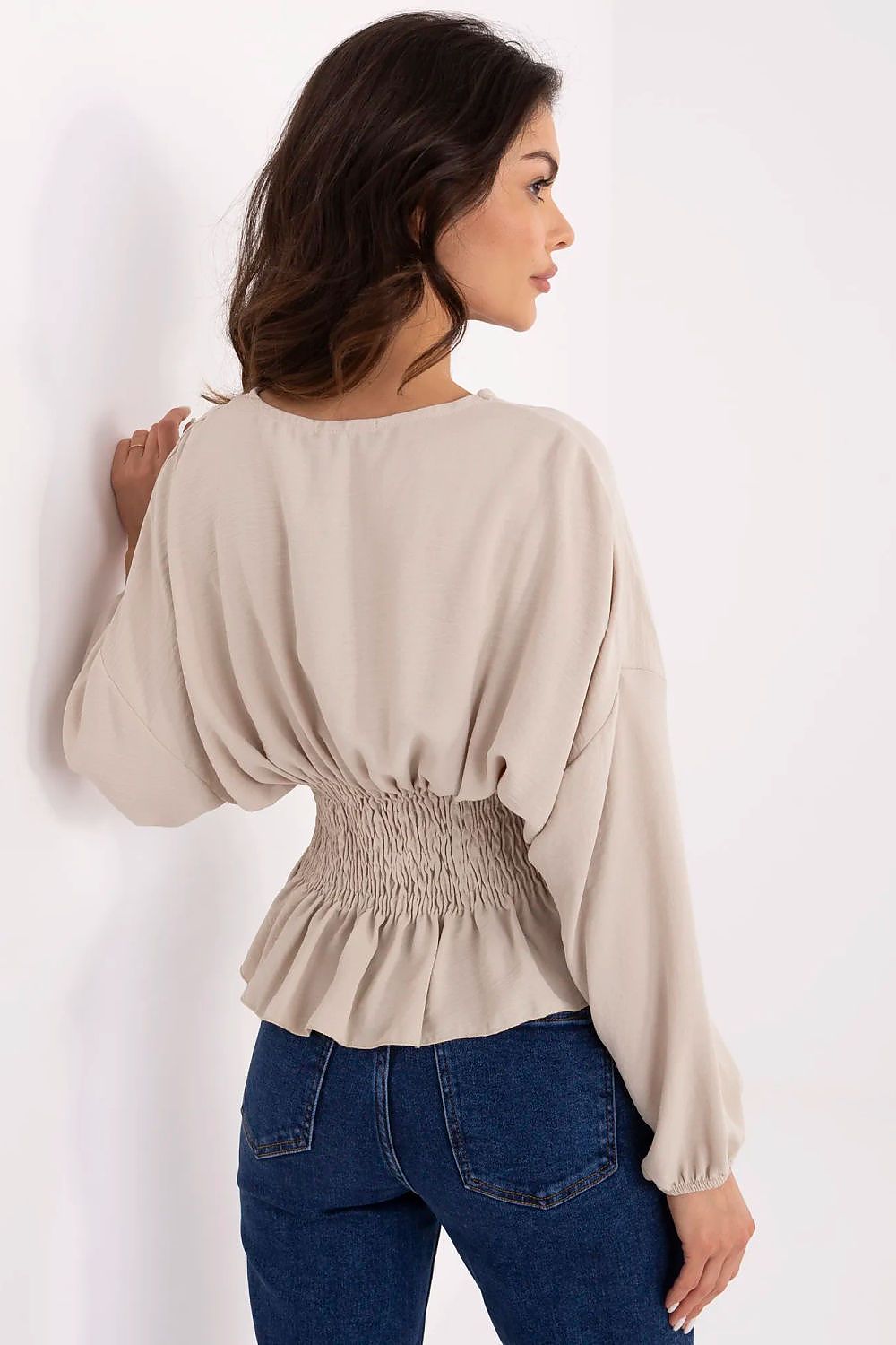 Bluse Sublevel til dame fra MS StyleHaven, laget av polyester, farge beige, størrelse L/XL, med short ermer, perfekt til casual; dress