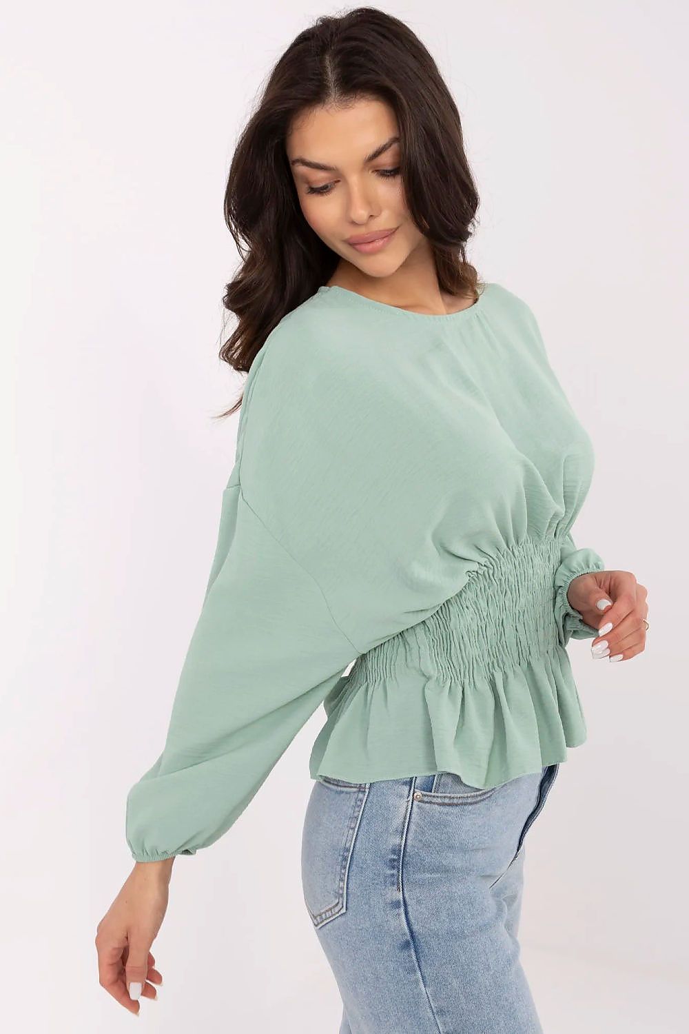 Bluse Sublevel til dame fra MS StyleHaven, laget av polyester, farge Grønn, størrelse M/L, med short ermer, perfekt til casual; dress