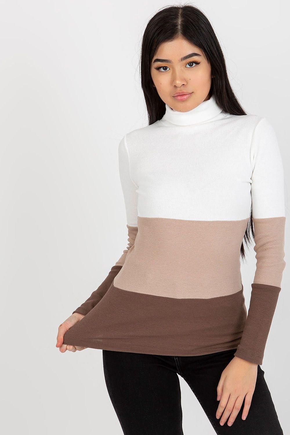 Turtleneck Rue Paris til dame fra MS StyleHaven, laget av Bomull; Elastan-1, farge Brun, størrelse L/XL, med sleeveless; 3-4 ermer, perfekt til casual; dress