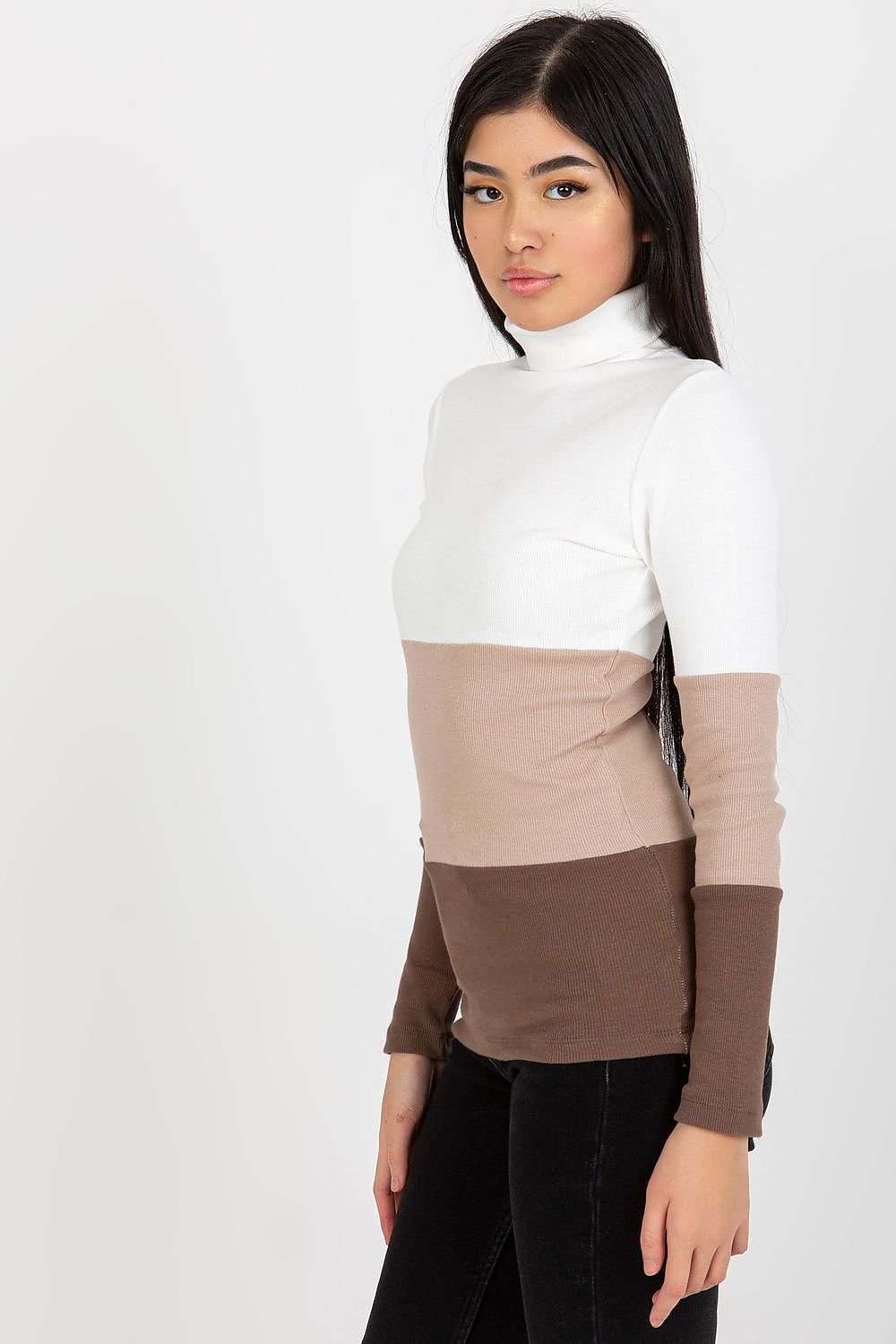 Turtleneck Rue Paris til dame fra MS StyleHaven, laget av Bomull; Elastan-1, farge Brun, størrelse L/XL, med sleeveless; 3-4 ermer, perfekt til casual; dress