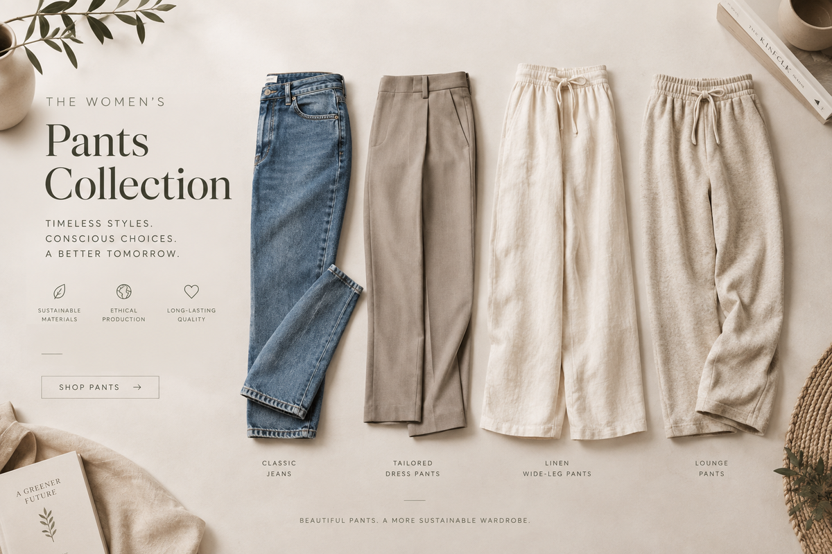 Kolleksjon med bukser til dame – jeans, dressbukser og vide linbukser.