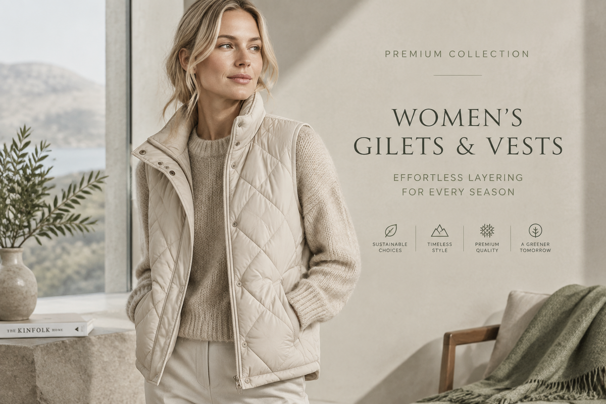 Women's vests and gilets collection featuring puffer vests, knit vests, and tailored waistcoats.