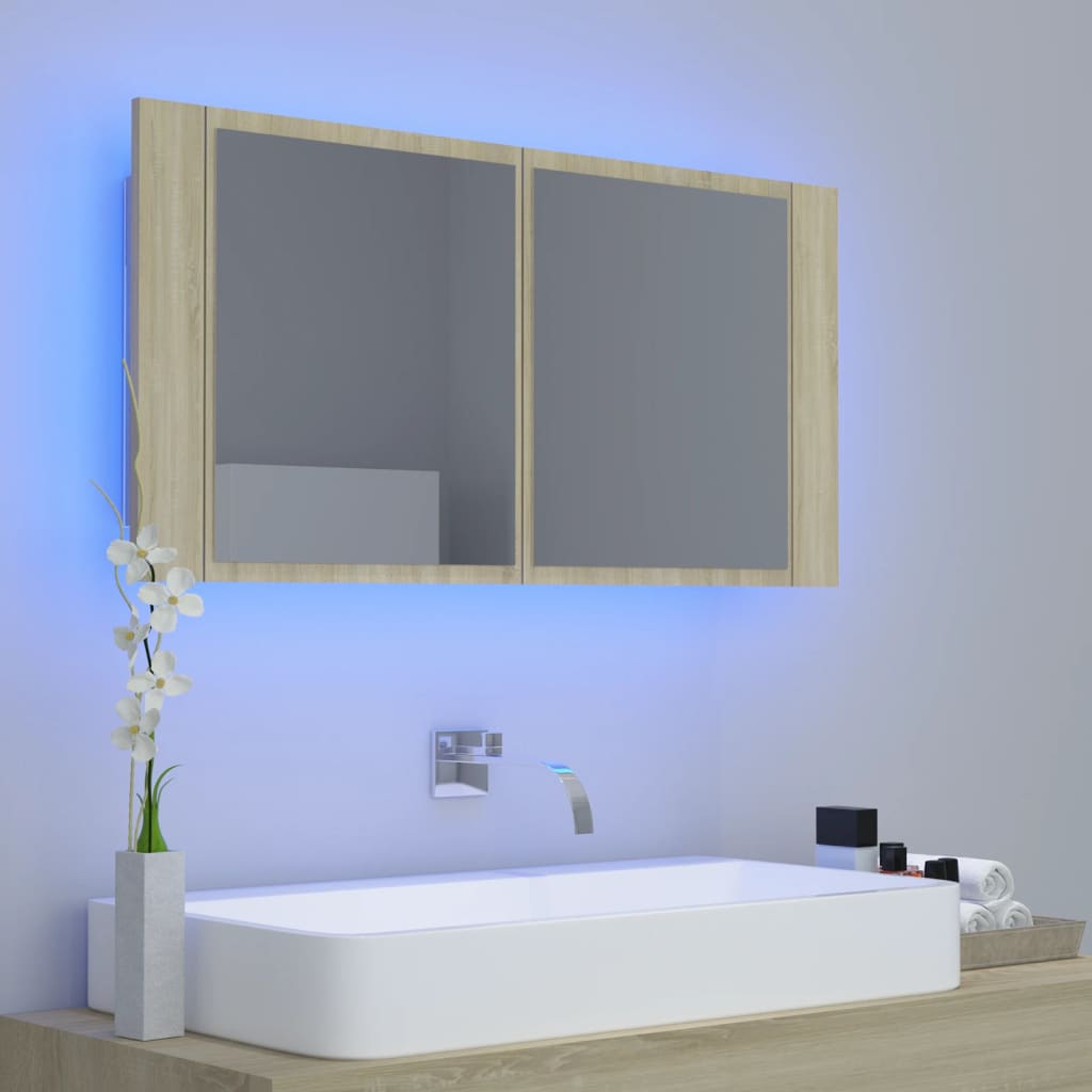 Led-Speilskap Til Baderom Sonoma Eik 90X12X45 Cm Akryl