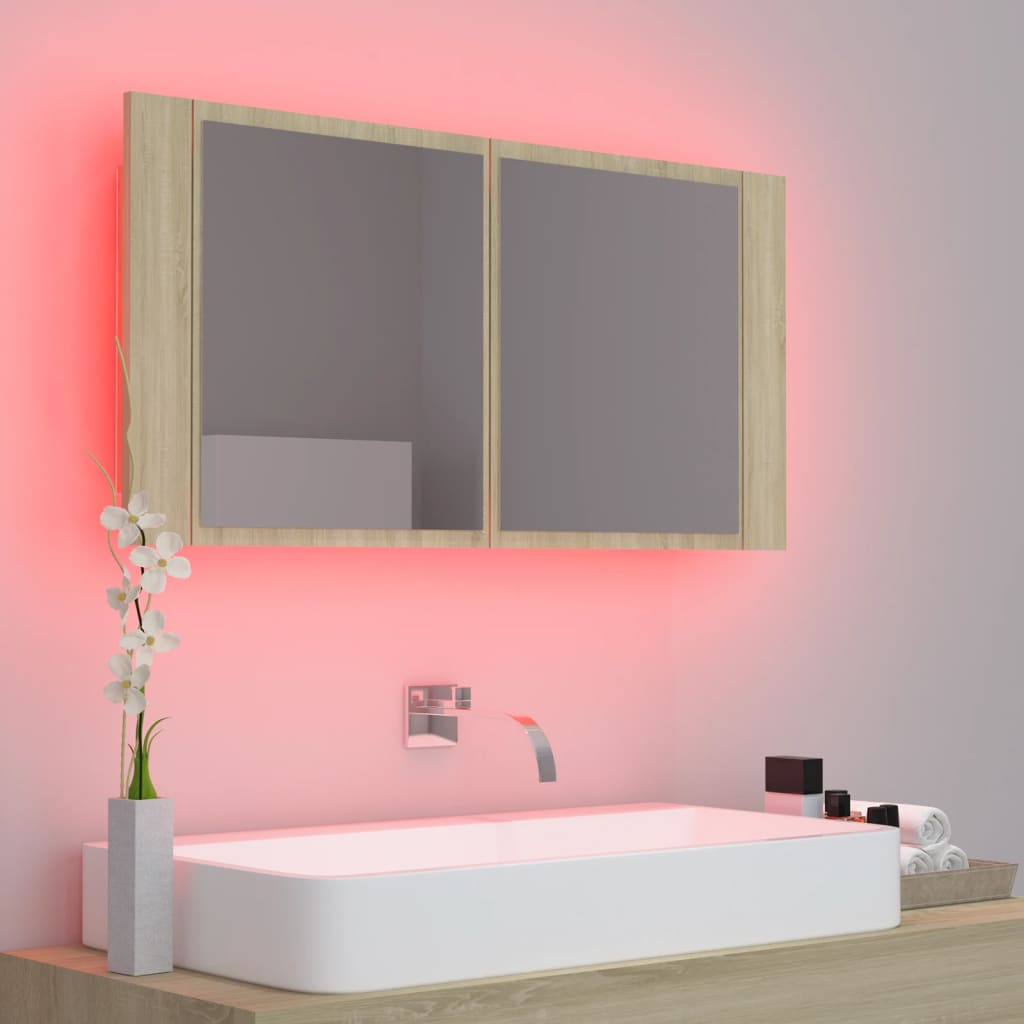 Led-Speilskap Til Baderom Sonoma Eik 90X12X45 Cm Akryl