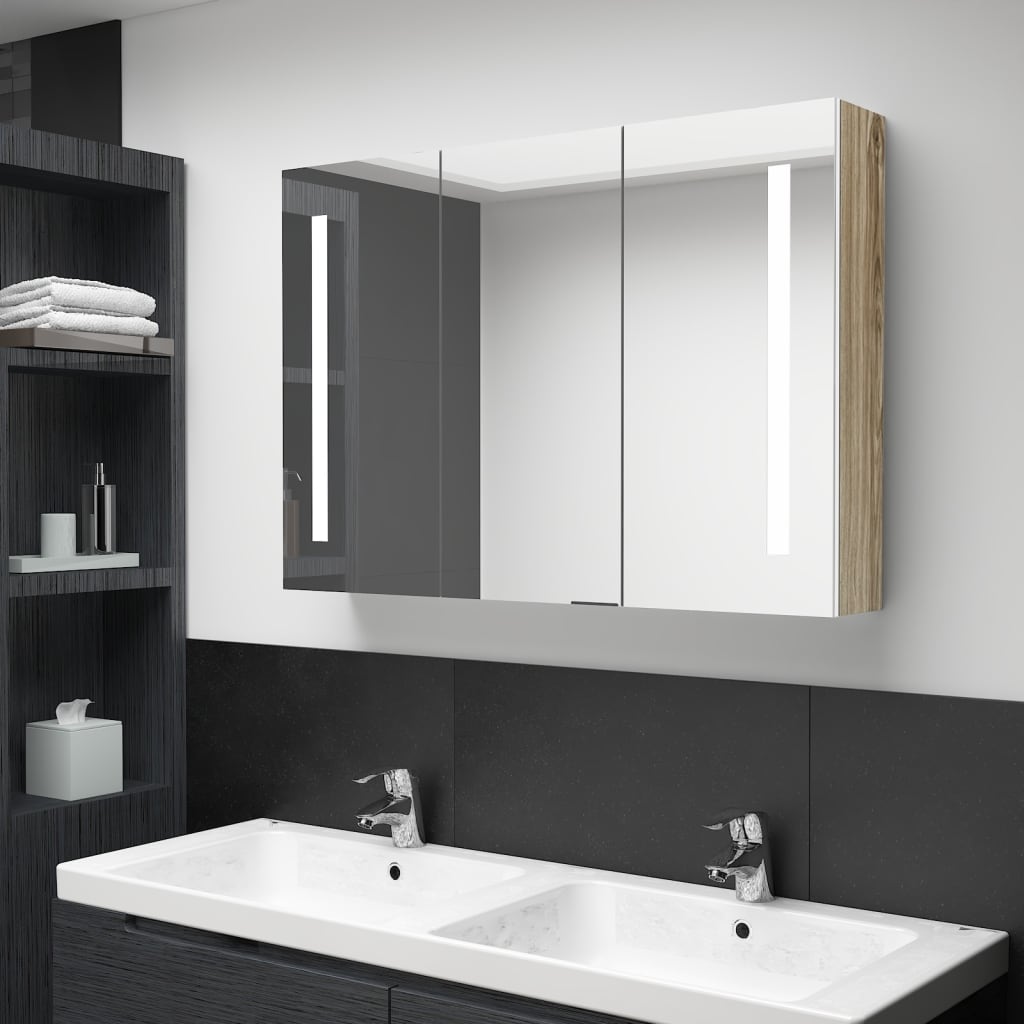 Led-Speilskap Til Bad 89X14X62 Cm Hvit Og Eik