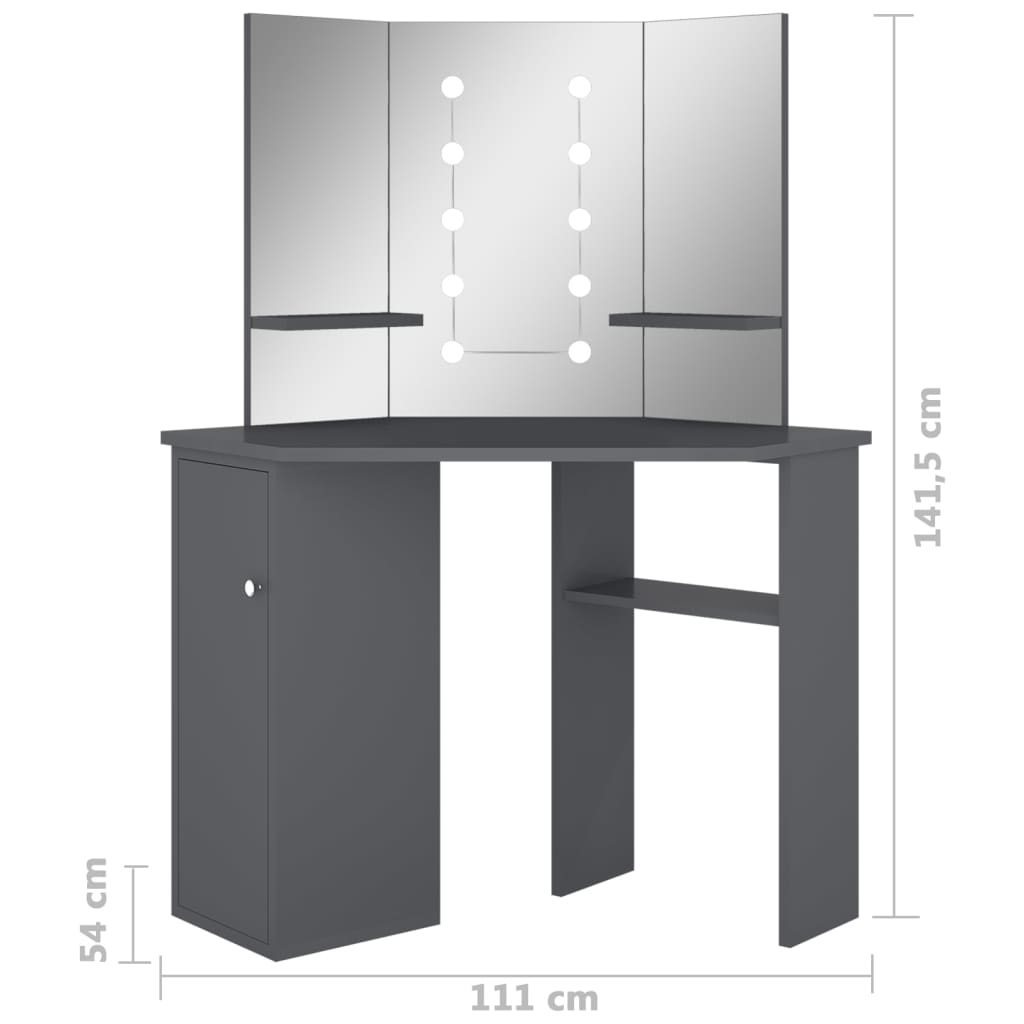 Hjørnemontert Sminkebord Med Led Grå 111X54X141,5 Cm