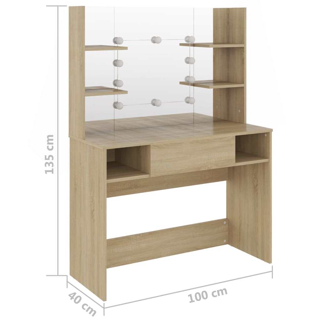 Sminkebord Med Led-Lys 100X40X135 Cm Mdf Eik