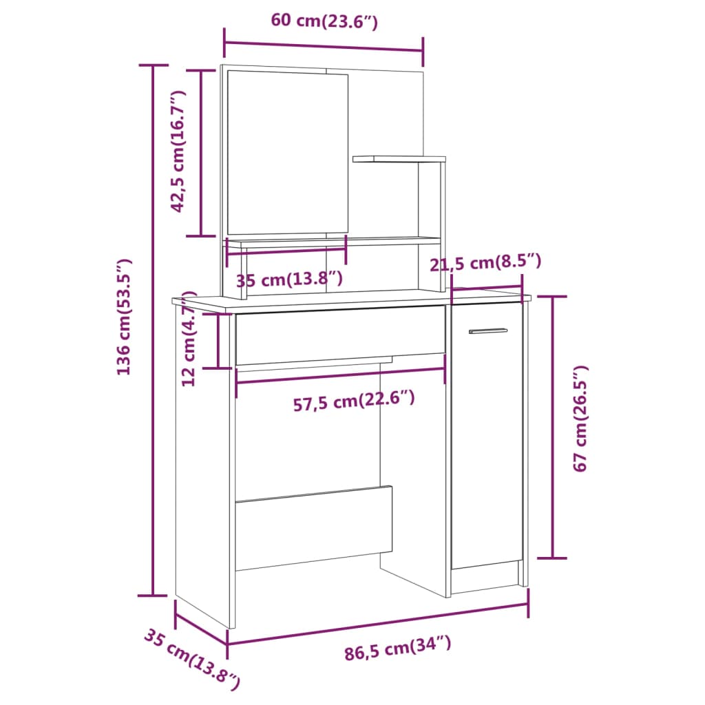 Sminkebordsett Brun Eik86,5X35X136 Cm