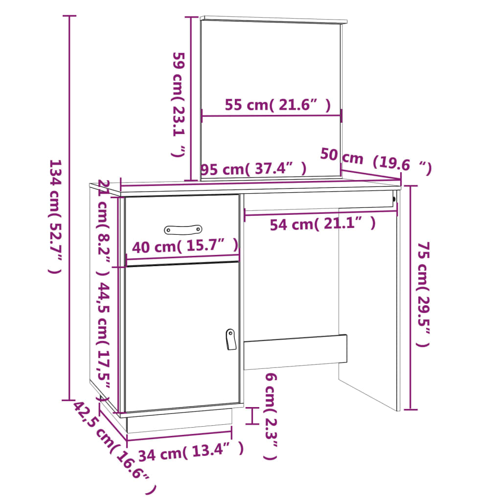 Sminkebord Honningbrun 95X50X134 Cm Heltre Furu