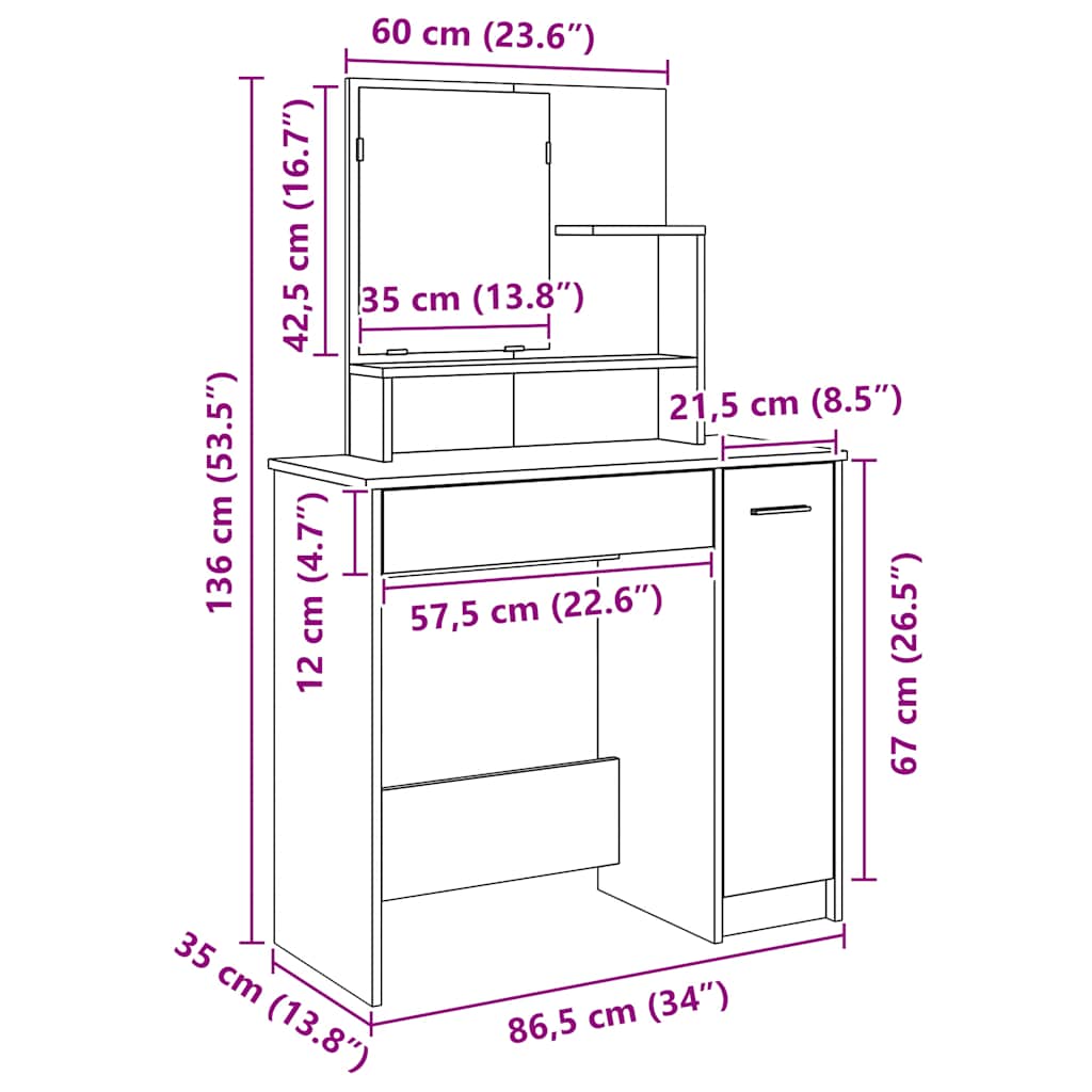 Sminkebord Med Speil Artisan Eik 86,5X35X136 Cm
