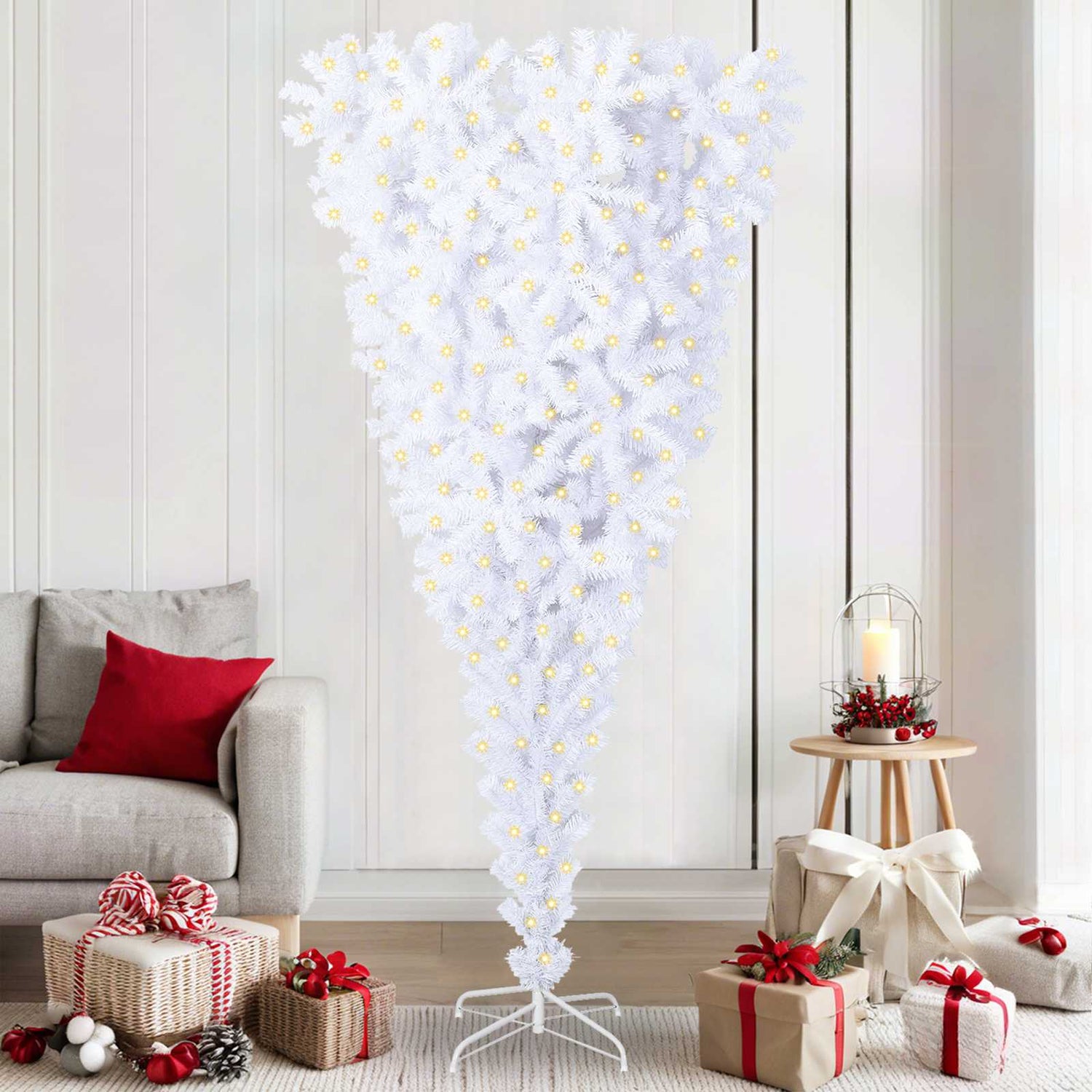 Kunstig Juletre Med 300 Led Med Stativ Hvit 210 Cm Pvc Og Stål