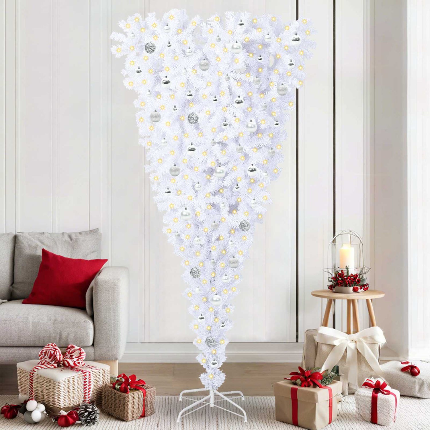Kunstig Juletre Med 300 Led Med Stativ Hvit 210 Cm Pvc Og Stål