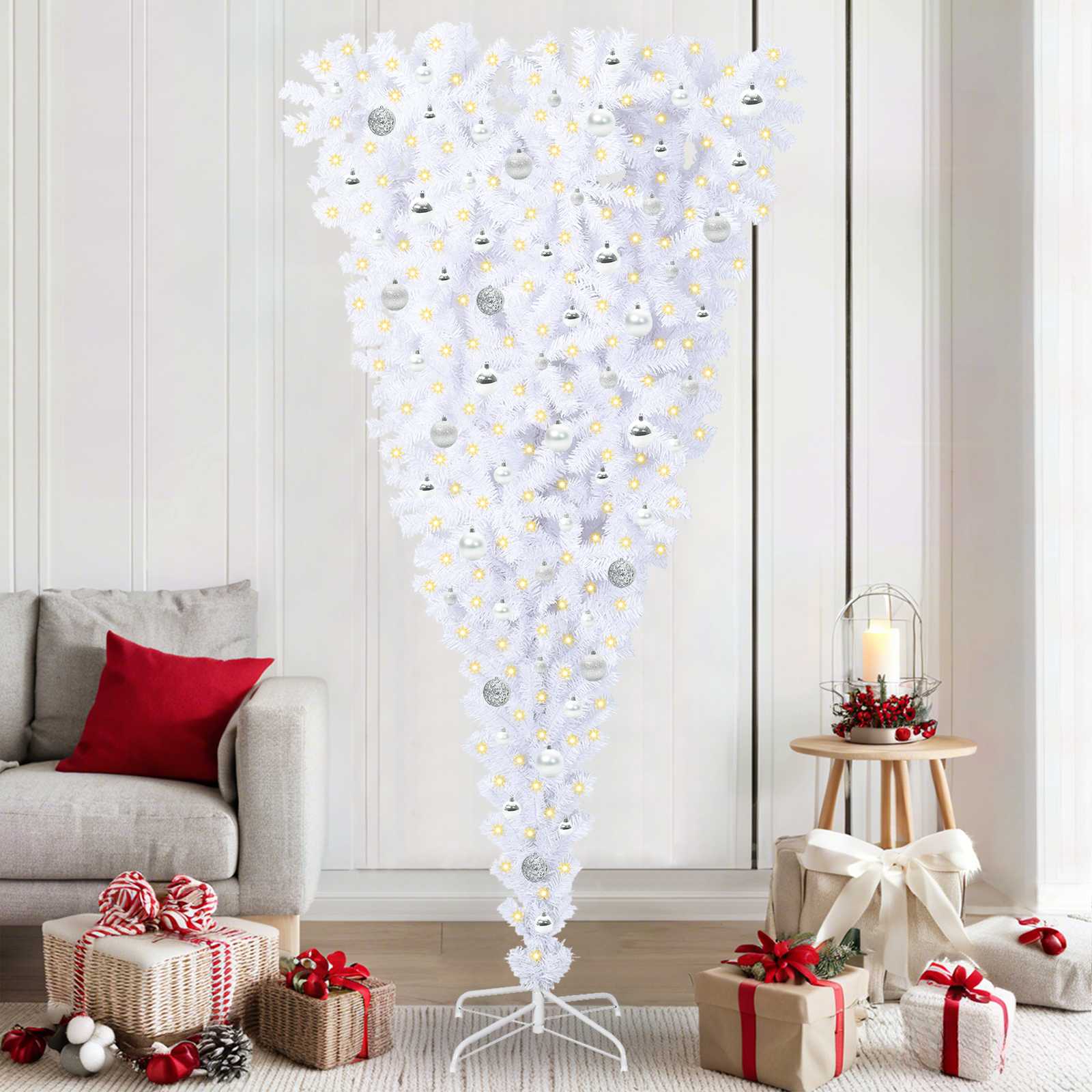 Kunstig Juletre Med 300 Led Med Stativ Hvit 210 Cm Pvc Og Stål