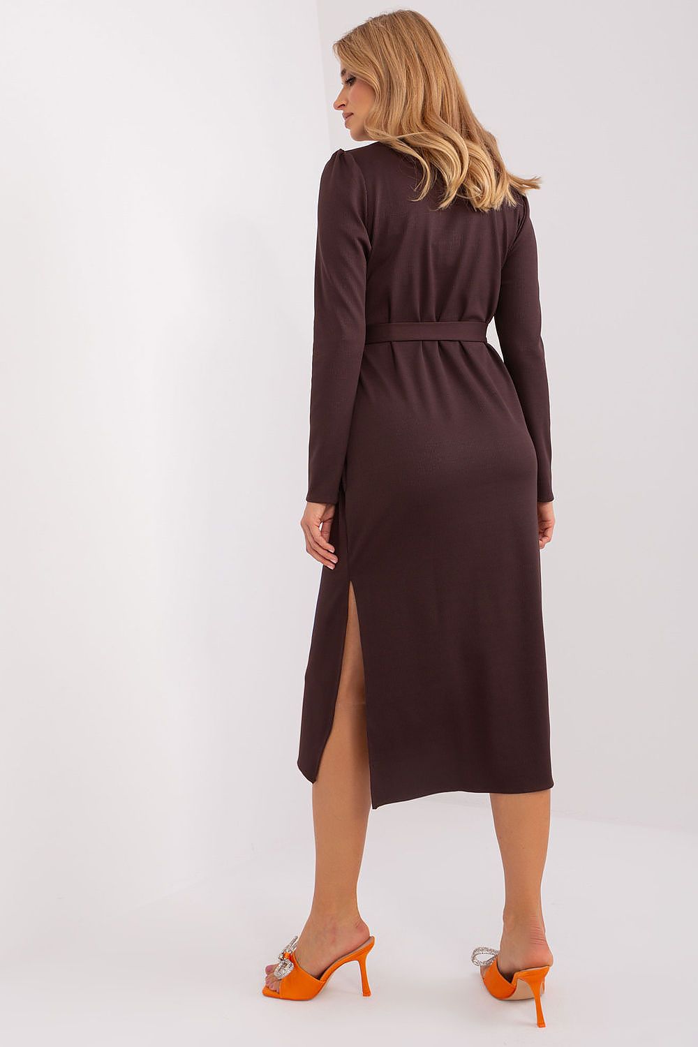 Elegant Lakerta Ribbed Midi-kjole til dame fra MS StyleHaven, laget av Bomull; polyester; Elastan, farge Grønn, størrelse L/XL, med long ermer, perfekt til casual; dress