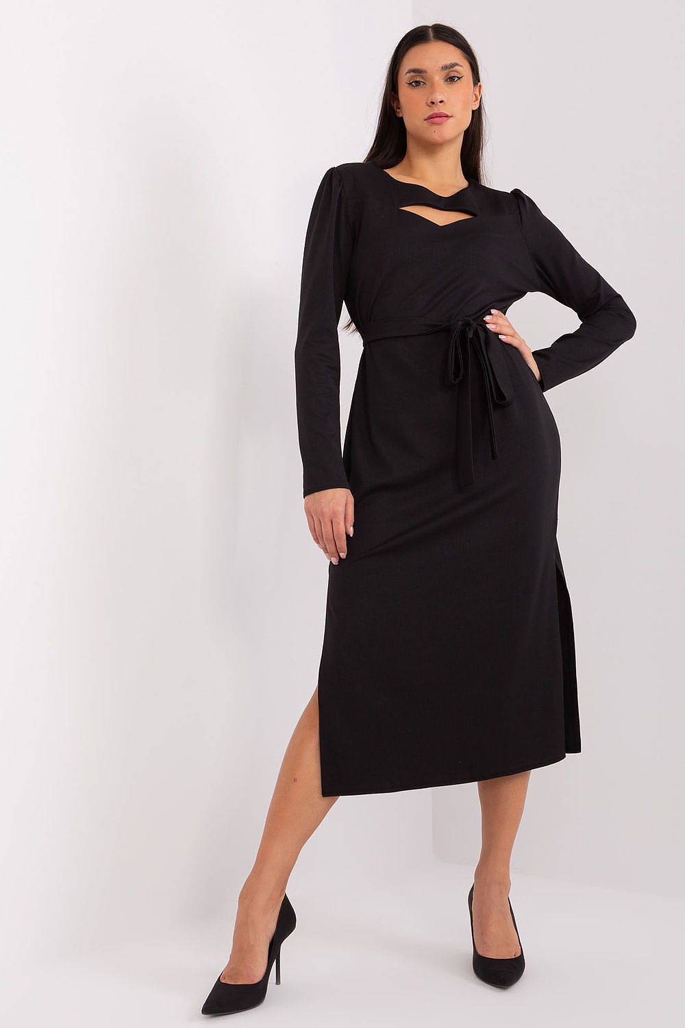 Elegant Lakerta Ribbed Midi-kjole til dame fra MS StyleHaven, laget av Bomull; polyester; Elastan, farge Grå, størrelse L/XL, med long ermer, perfekt til casual; dress