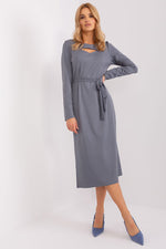 Elegant Lakerta Ribbed Midi-kjole til dame fra MS StyleHaven, laget av Bomull; polyester; Elastan, farge Fiolett, størrelse L/XL, med long ermer, perfekt til casual; dress