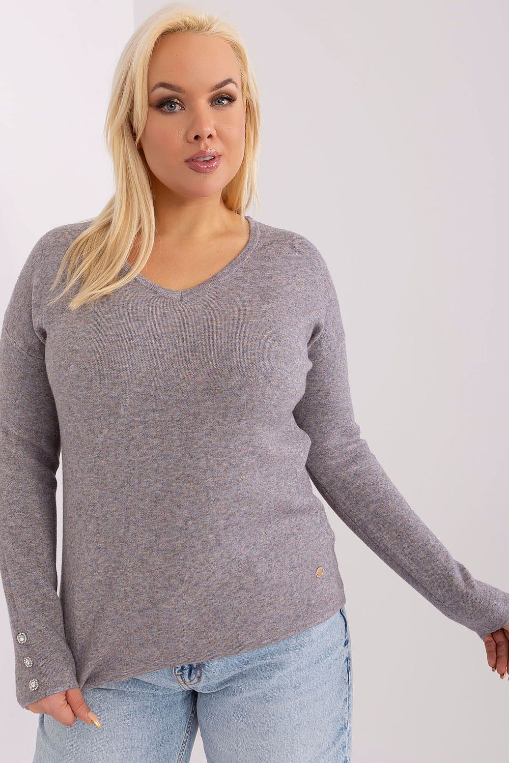 Elegant damegenser med V-hals - plus size FP til dame fra MS StyleHaven, størrelse 2XL/3XL, med long, bukselengde long, kjolelengde mini, kjolestil wrap; a-line