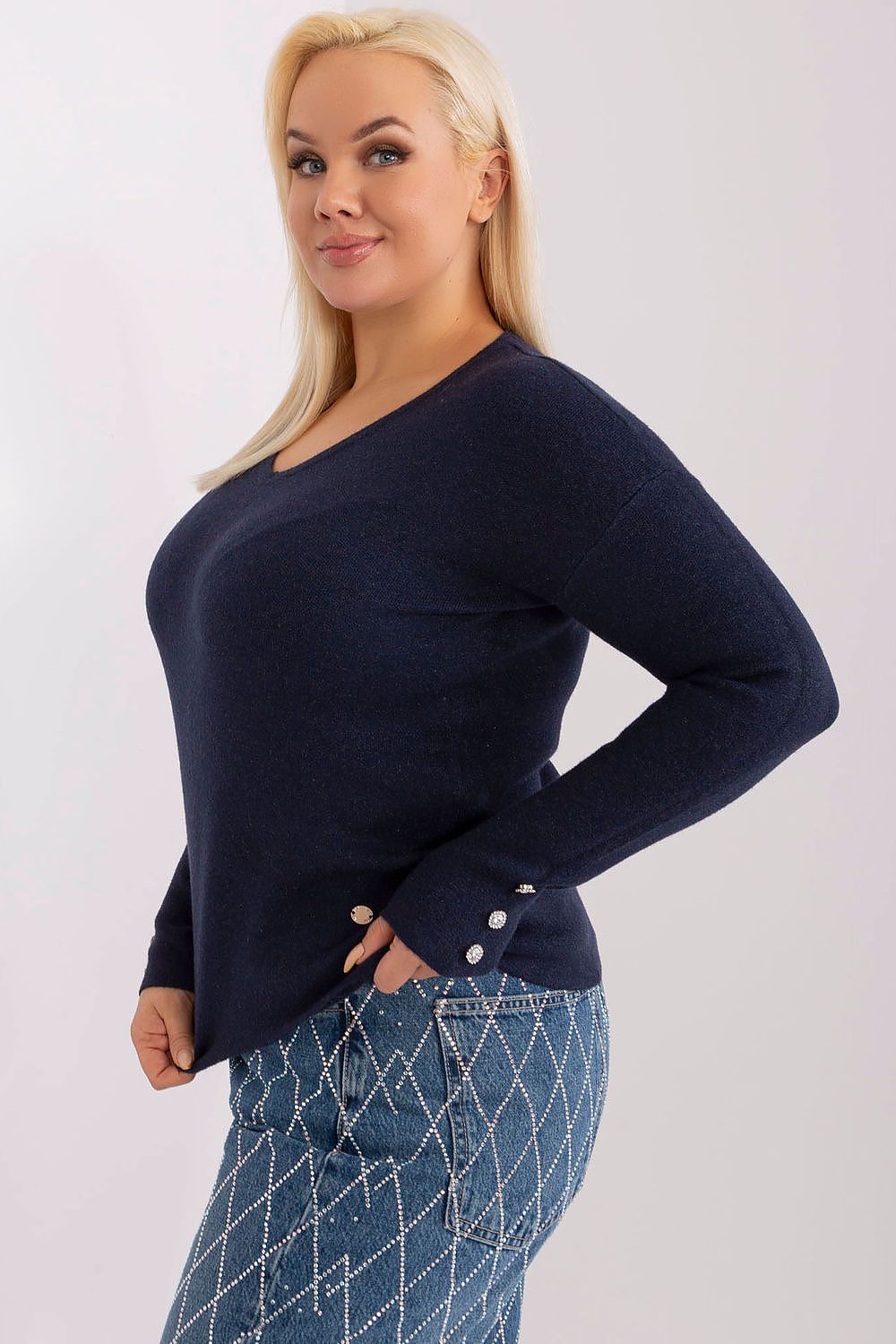 Elegant damegenser med V-hals - plus size FP til dame fra MS StyleHaven, størrelse 2XL/3XL, med long, bukselengde long, kjolelengde mini, kjolestil wrap; a-line
