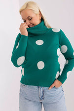 Høyhalset damegenser med prikker plus size FP til dame fra MS StyleHaven, størrelse XL/XXL, med long, bukselengde long, kjolelengde mini, kjolestil wrap; a-line