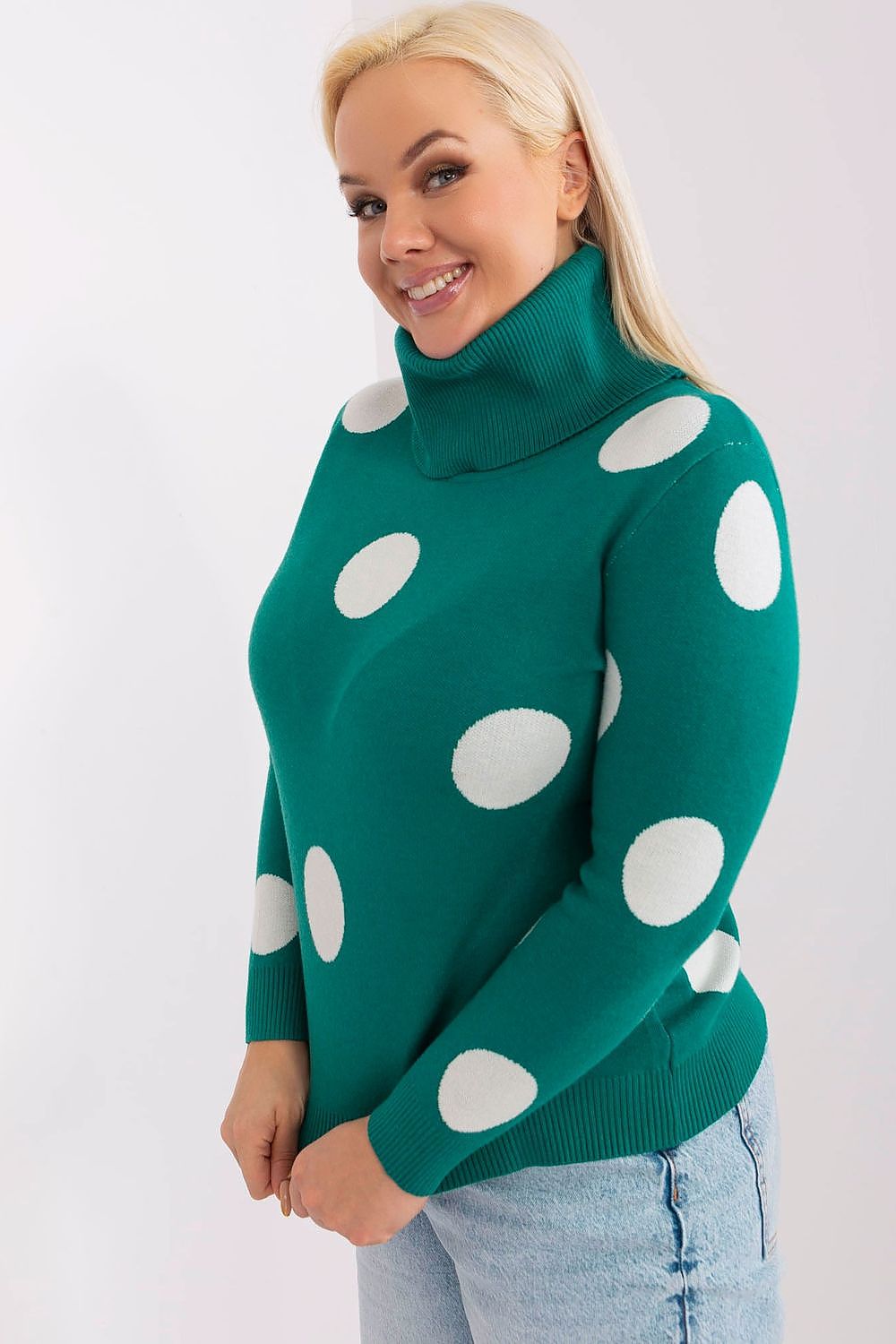 Høyhalset damegenser med prikker plus size FP til dame fra MS StyleHaven, størrelse 2XL/3XL, med long, bukselengde long, kjolelengde mini, kjolestil wrap; a-line