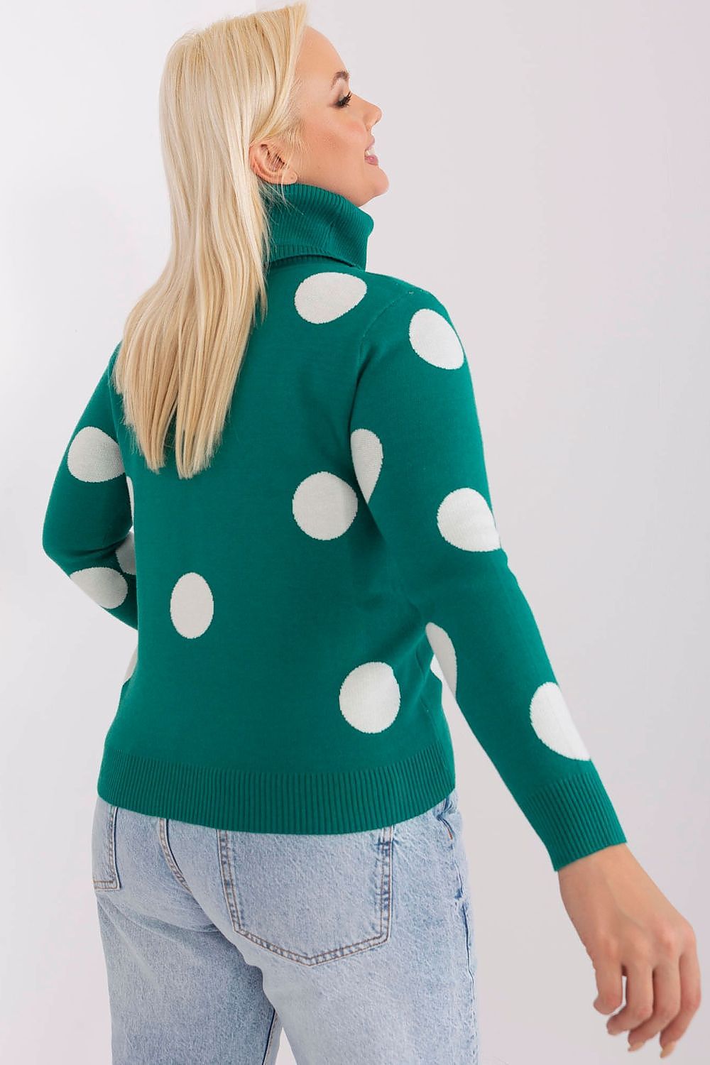 Høyhalset damegenser med prikker plus size FP til dame fra MS StyleHaven, størrelse XL/XXL, med long, bukselengde long, kjolelengde mini, kjolestil wrap; a-line