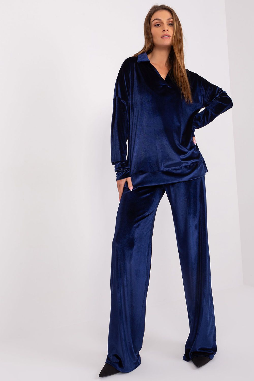 Bomullsblanding Sett til dame fra MS StyleHaven, laget av Bomull; polyester; Velur; Elastan-1, farge Marineblå, størrelse S/M, med 45720 ermer, perfekt til casual; dress