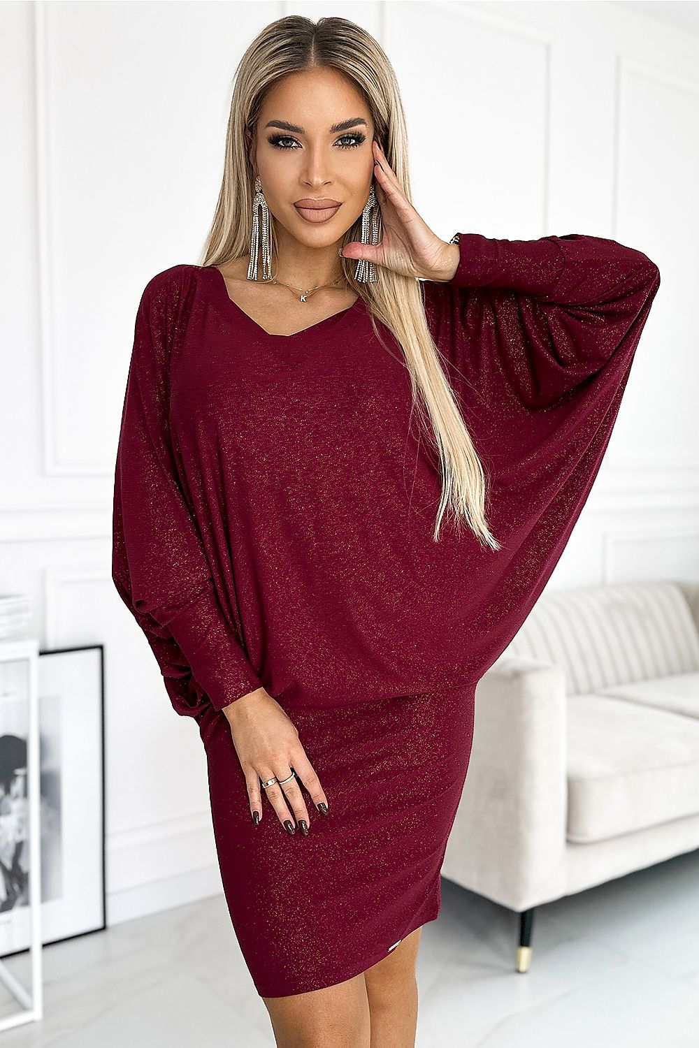 Batwing kjole til dame fra MS StyleHaven, laget av polyester, farge Rød, størrelse L/XL, med long ermer, perfekt til casual; dress
