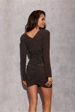 Shine All Night – Roco Fashion Glitrende Drapert Minikjole fra MS StyleHaven, størrelse 38, med long, bukselengde long, kjolelengde mini, kjolestil pencil; sheath