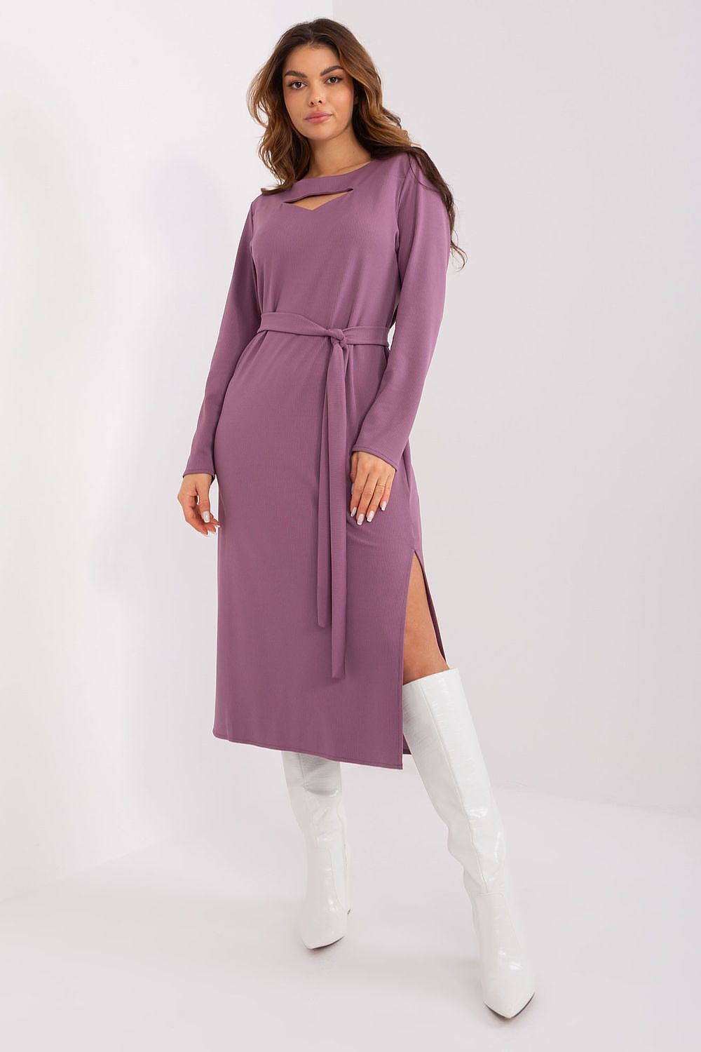 Elegant Lakerta Ribbed Midi-kjole til dame fra MS StyleHaven, laget av Bomull; polyester; Elastan, farge Fiolett, størrelse L/XL, med long ermer, perfekt til casual; dress