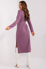 Elegant Lakerta Ribbed Midi-kjole til dame fra MS StyleHaven, laget av Bomull; polyester; Elastan, farge Fiolett, størrelse L/XL, med long ermer, perfekt til casual; dress