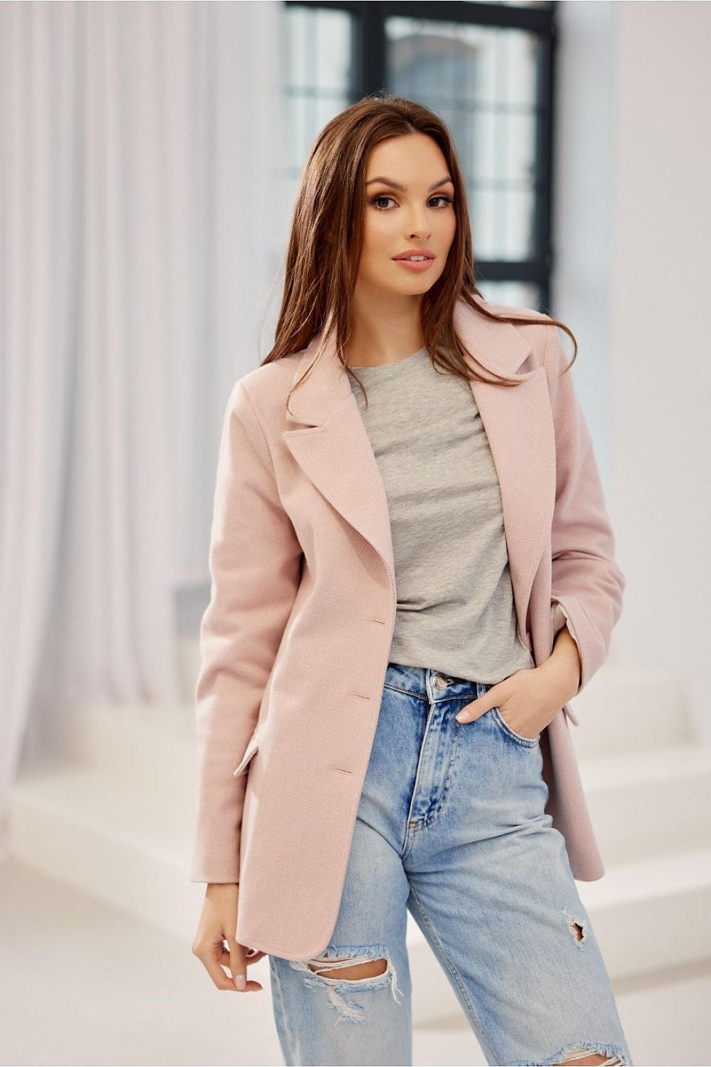 Klassisk blazer med fiskebensmønster og flatterende passform - Roco Fashion fra MS StyleHaven, størrelse 36, med long, bukselengde long, kjolelengde midi, kjolestil pencil; sweater