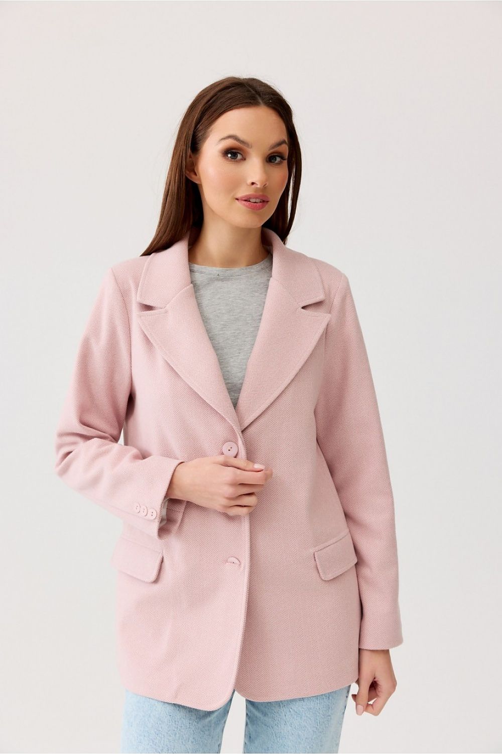Klassisk blazer med fiskebensmønster og flatterende passform - Roco Fashion fra MS StyleHaven, størrelse 42, med long, bukselengde long, kjolelengde midi, kjolestil pencil; sweater