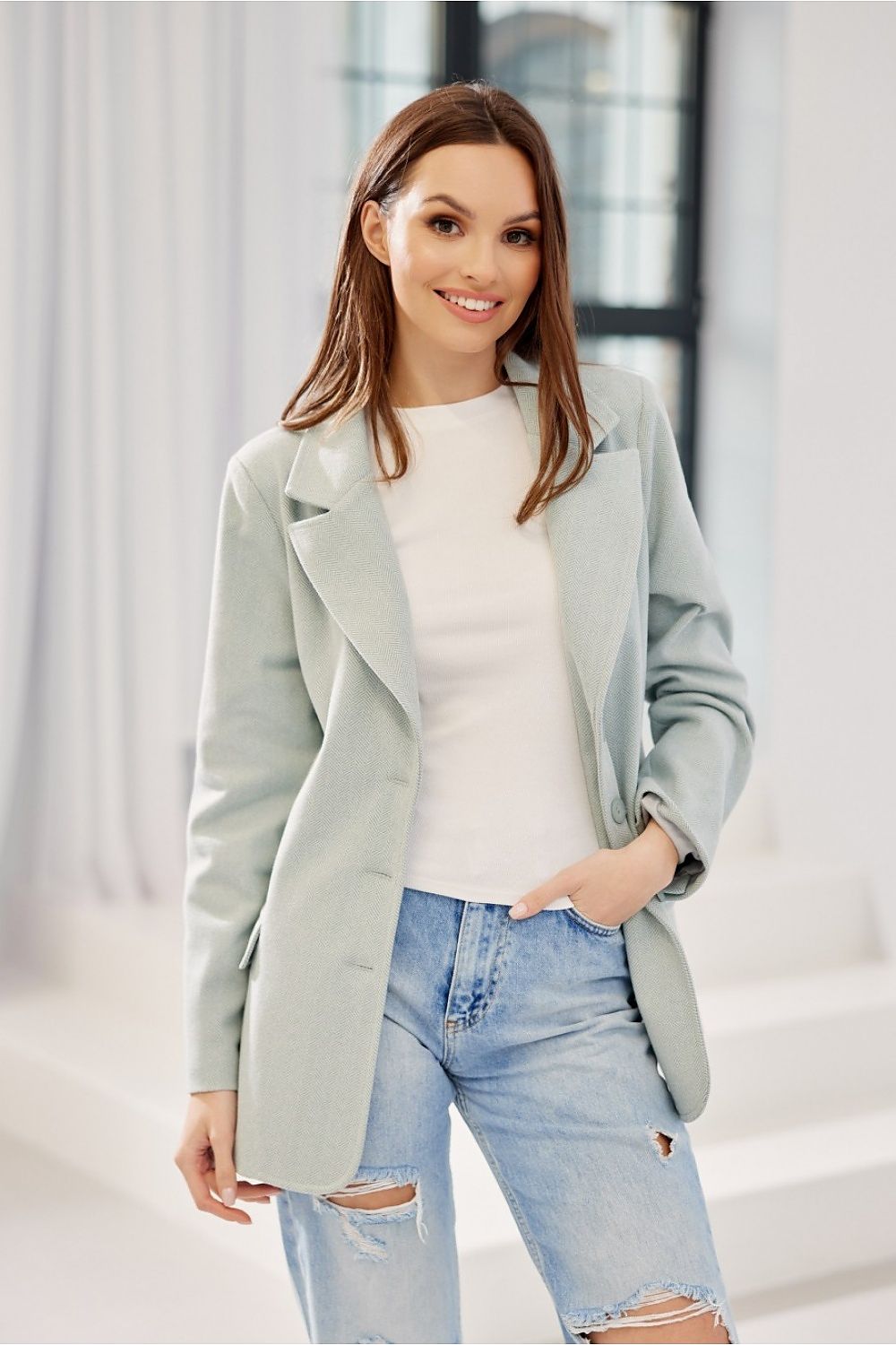 Klassisk blazer med fiskebensmønster og flatterende passform - Roco Fashion fra MS StyleHaven, størrelse 36, med long, bukselengde long, kjolelengde midi, kjolestil pencil; sweater