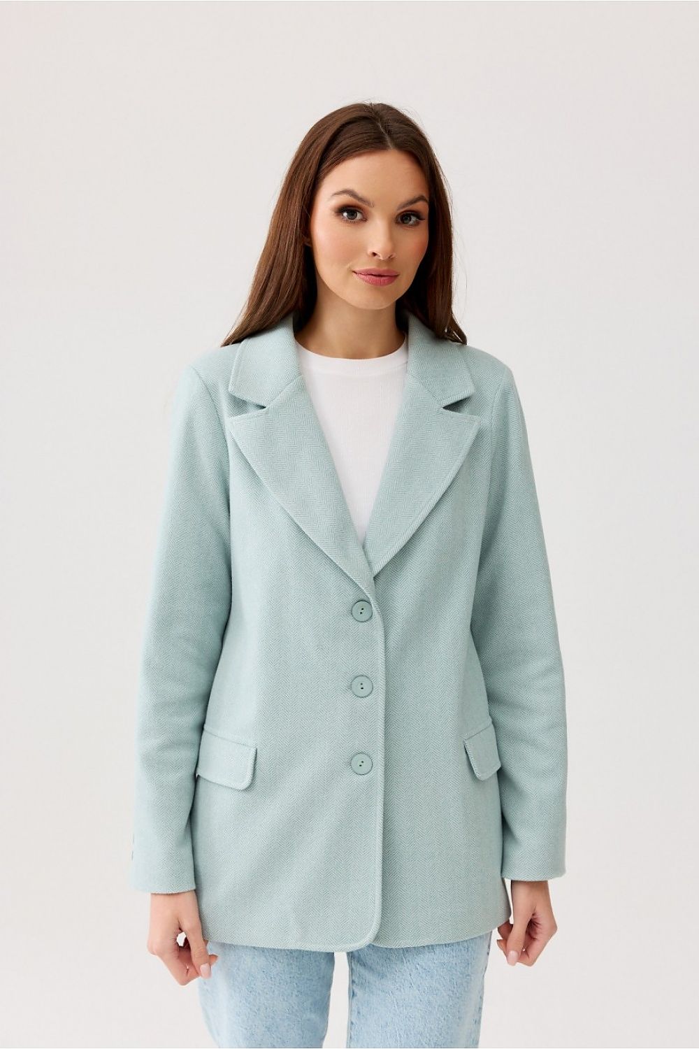 Klassisk blazer med fiskebensmønster og flatterende passform - Roco Fashion fra MS StyleHaven, størrelse 42, med long, bukselengde long, kjolelengde midi, kjolestil pencil; sweater