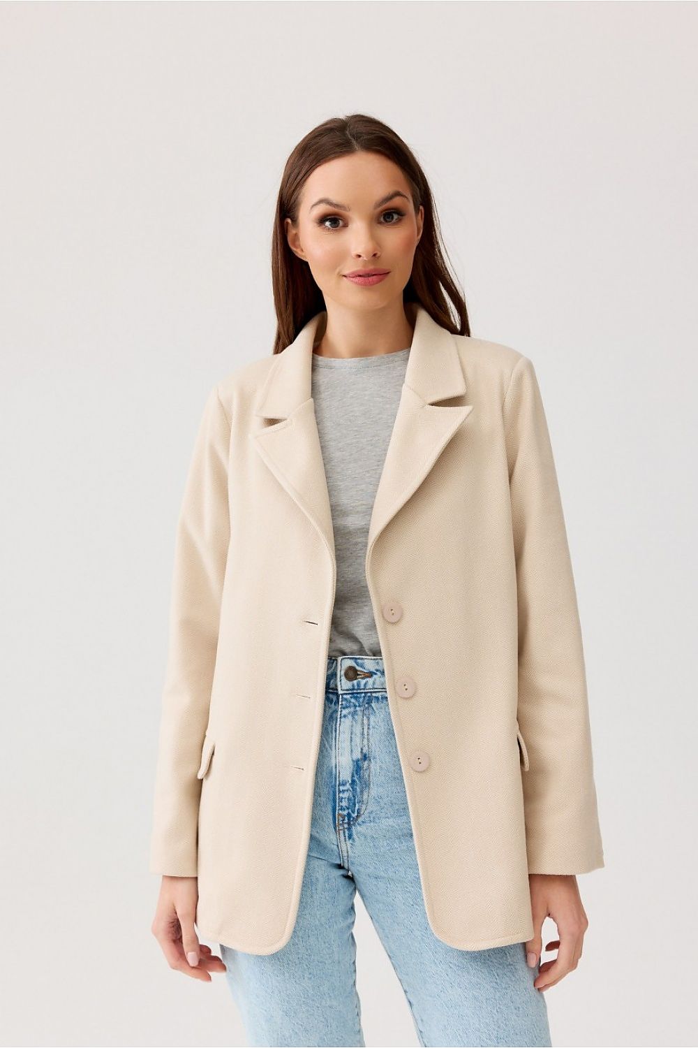 Klassisk blazer med fiskebensmønster og flatterende passform - Roco Fashion fra MS StyleHaven, størrelse 42, med long, bukselengde long, kjolelengde midi, kjolestil pencil; sweater
