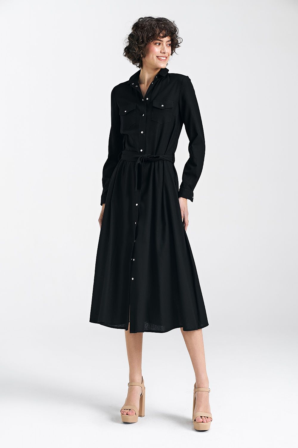 Dagskjole Nife til dame fra MS StyleHaven, laget av Viskose; Lin; Bomull, farge Svart, størrelse 38, med long ermer, perfekt til casual; dress