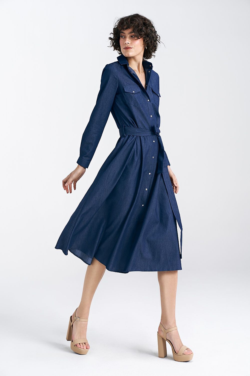 Dagskjole Nife til dame fra MS StyleHaven, laget av Viskose; Lin; Bomull, farge Marineblå, størrelse 36, med long ermer, perfekt til casual; dress