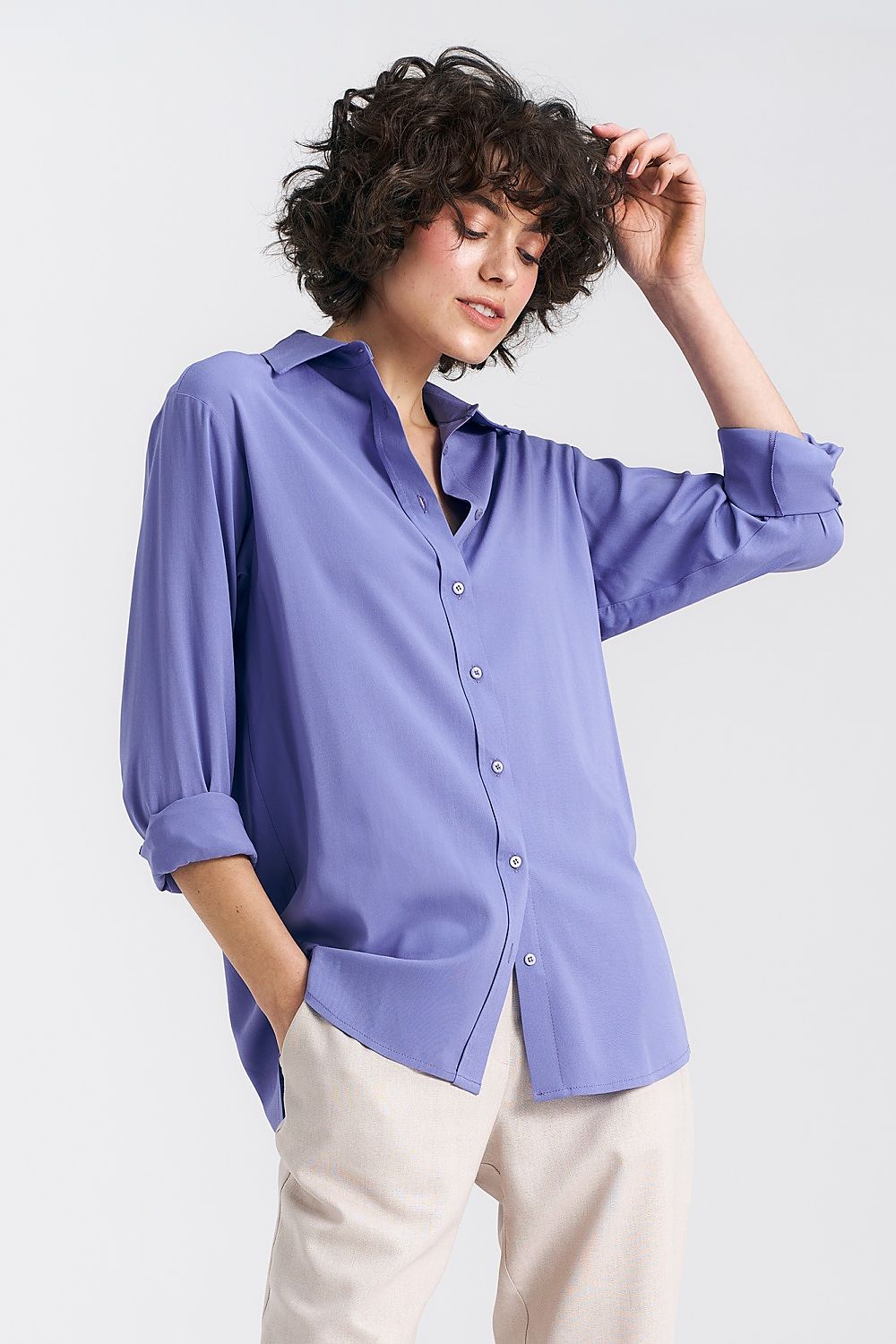 Langermet skjorte Nife til dame fra MS StyleHaven, laget av Viskose, farge Fiolett, størrelse 36, med strapless ermer, perfekt til casual; dress