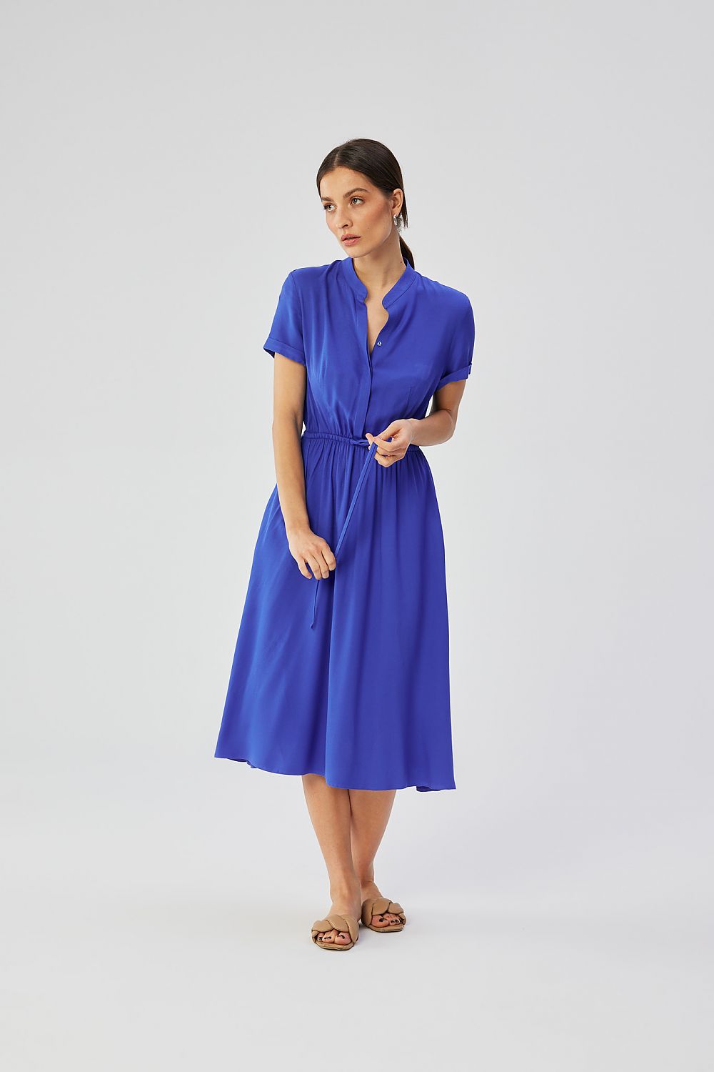 Dagkjole Stylove til dame fra MS StyleHaven, laget av Viskose, farge Blå, størrelse s, med short ermer, midi; knee-1 lengde, kjolestil a-line, perfekt til dress