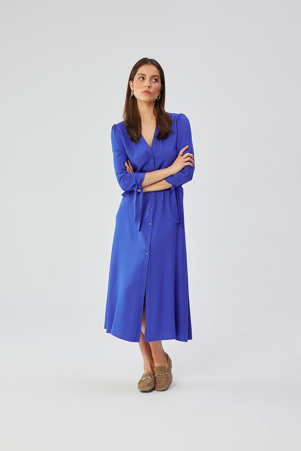 Dagkjole Stylove til dame fra MS StyleHaven, laget av Viskose, farge Blå, størrelse s, med lang ermer, midi lengde, kjolestil a-line, perfekt til dress