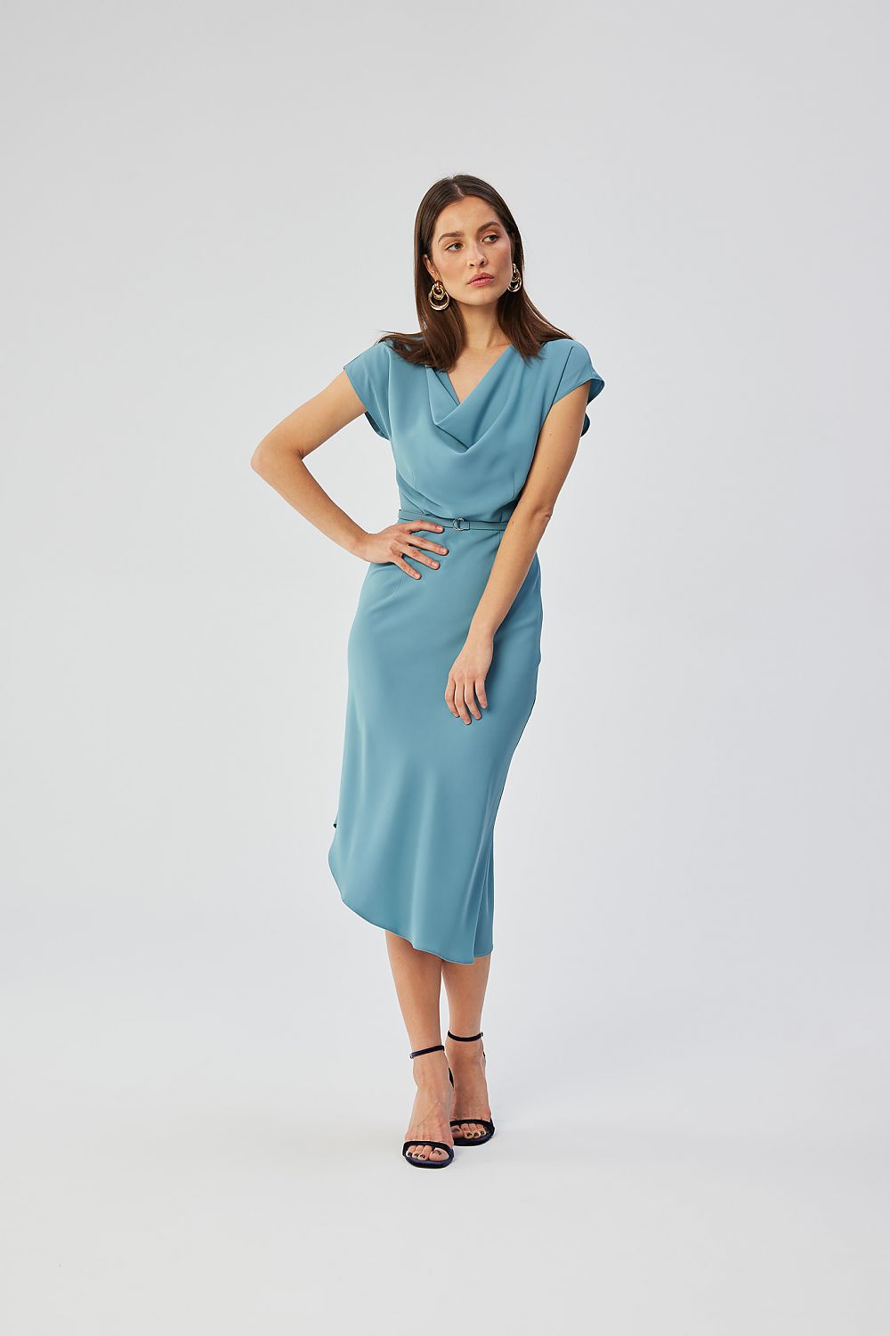 Cocktailkjole / Stylove til dame fra MS StyleHaven, laget av polyester, farge Blå, størrelse s, med short ermer, midi lengde, kjolestil blouson, perfekt til dress