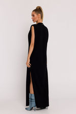 Strikket maxikjole med skulderputer - Moe til dame fra MS StyleHaven, laget av Bomull, farge Fiolett, størrelse L, med sleeveless ermer, perfekt til dress