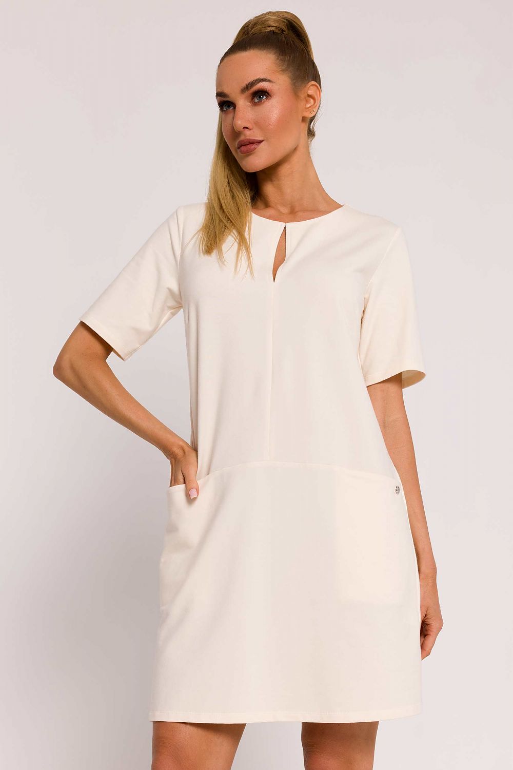 Dagkjole Moe til dame fra MS StyleHaven, laget av Elastan-1; Bomull, farge beige, størrelse s, med short ermer, knee lengde, kjolestil a-line, perfekt til dress