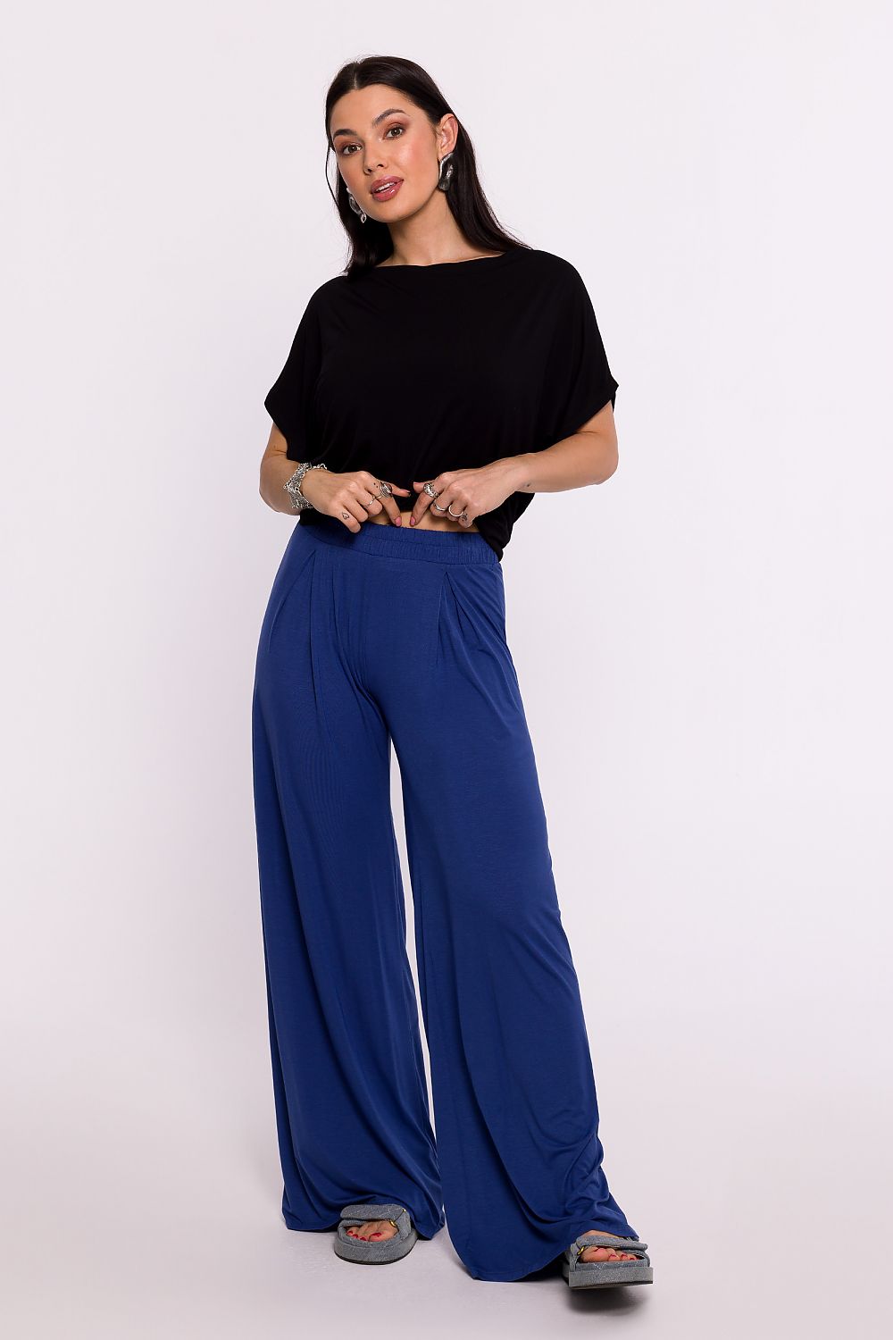 Viskosestrikkede vidbensbukser - BeWear til dame fra MS StyleHaven, laget av Viskose, farge Blå, størrelse s, med long ermer, bukselengde long, perfekt til dress