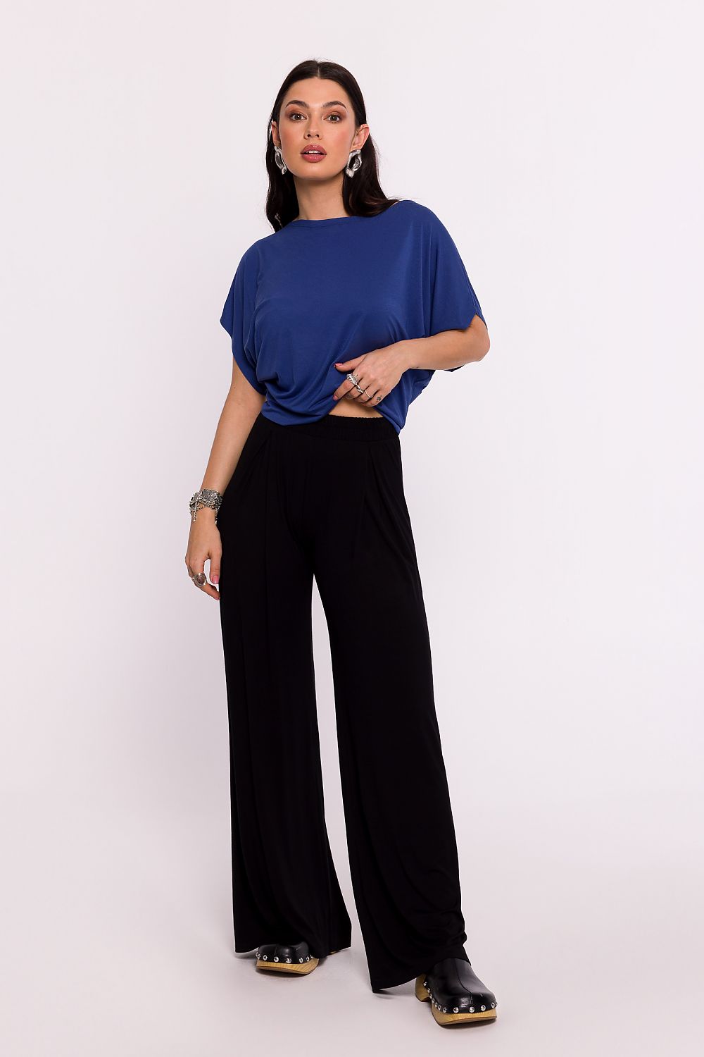 Viskosestrikkede vidbensbukser - BeWear til dame fra MS StyleHaven, laget av Viskose, farge Blå, størrelse L, med long ermer, perfekt til dress