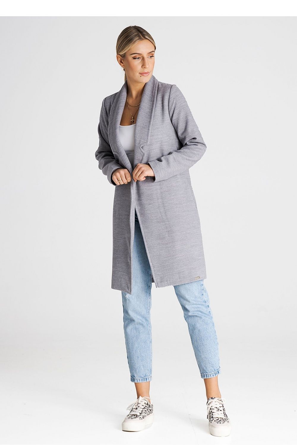 Åpen Frakk Figl til dame fra MS StyleHaven, laget av polyester; Viskose, farge Grå, størrelse XS, med long ermer, perfekt til casual; dress