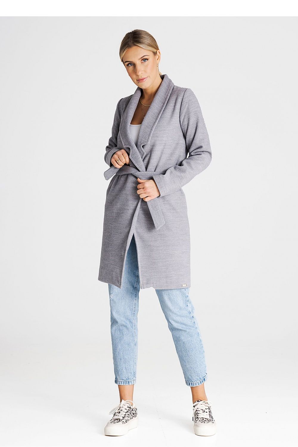 Åpen Frakk Figl til dame fra MS StyleHaven, laget av polyester; Viskose, farge Grå, størrelse s, med long ermer, perfekt til casual; dress