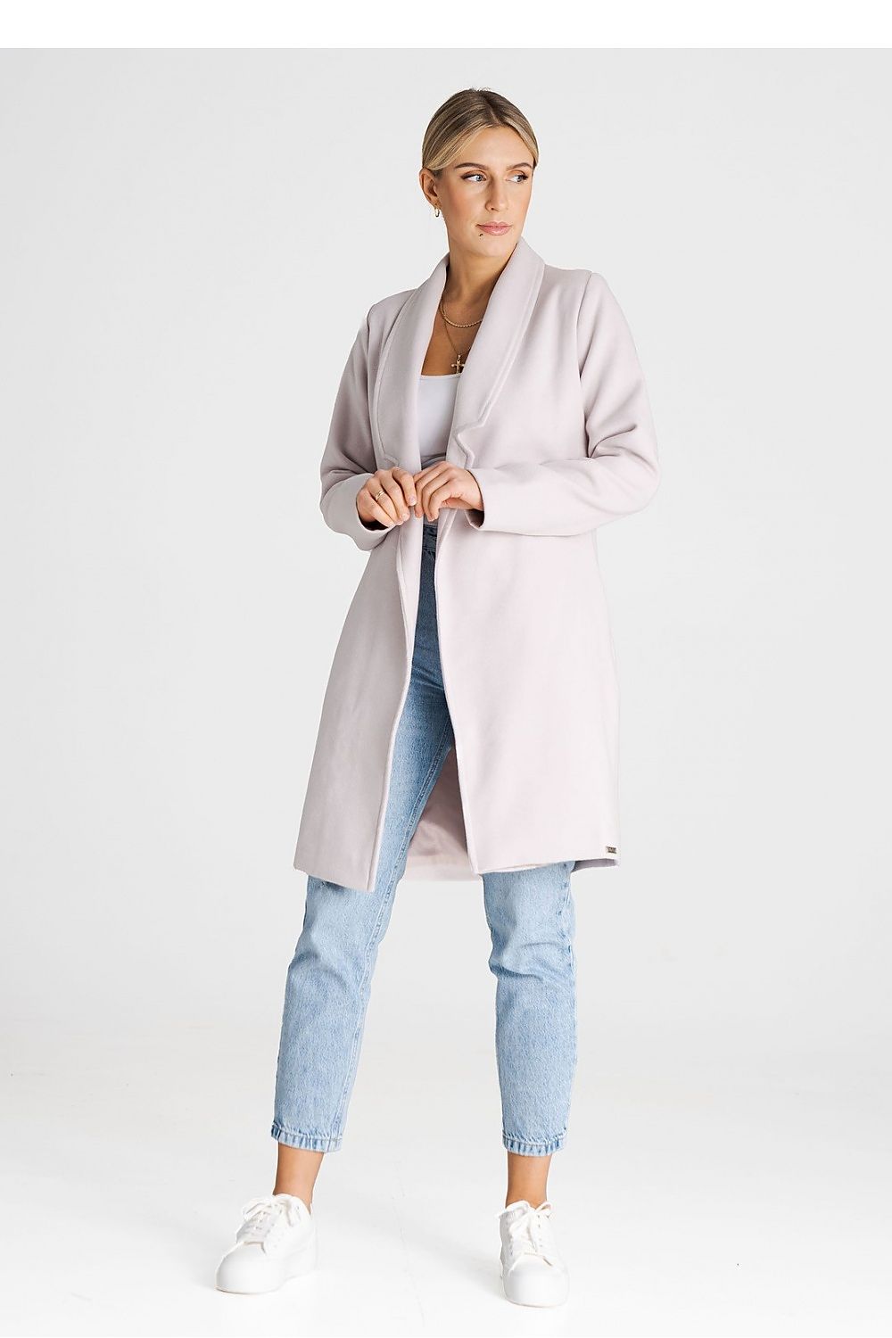 Åpen Frakk Figl til dame fra MS StyleHaven, laget av polyester; Viskose, farge beige, størrelse L, med long ermer, perfekt til casual; dress