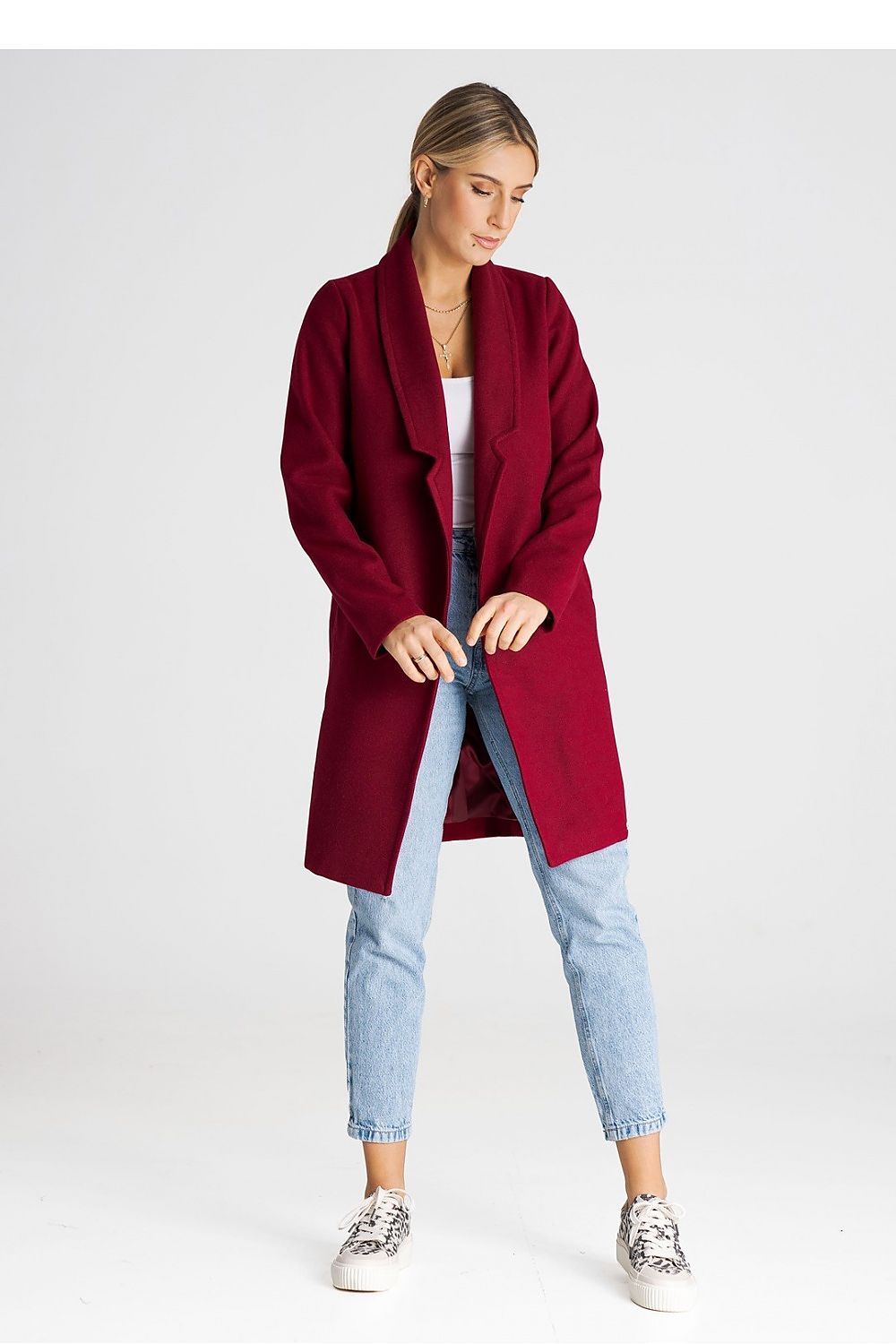 Åpen Frakk Figl til dame fra MS StyleHaven, laget av polyester; Viskose, farge Rød, størrelse L, med long ermer, perfekt til casual; dress
